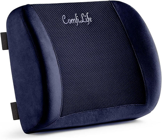 ComfiLife Lumbar Support Back Pillow Office Chair and Car Seat Cushion - Memory Foam with Adjustable Strap and Breathable 3D Mesh (Navy)
