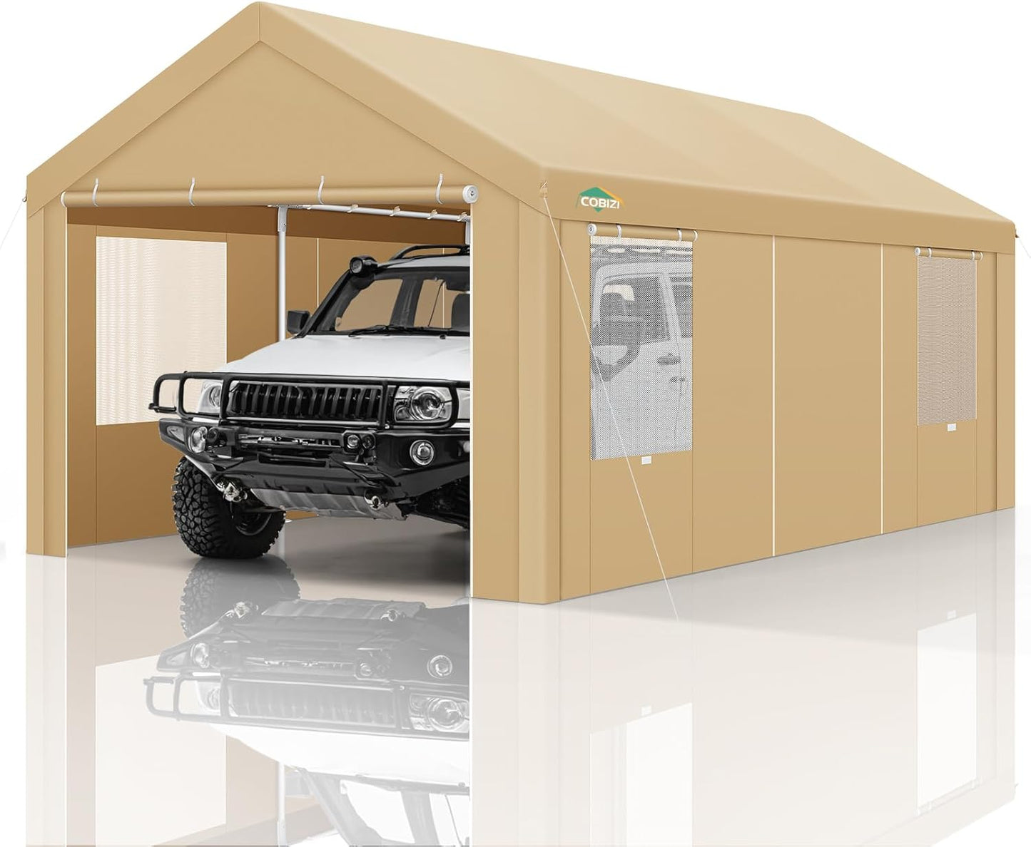 COBIZI Carport Canopy 12x20 Heavy Duty Portable Garage with Roll-Up Ventilation Windows & Doors, Removable Sidewalls Car Canopy Tent Waterproof with Built-in Sandbags for Cars, Boats, Trucks, Khaki