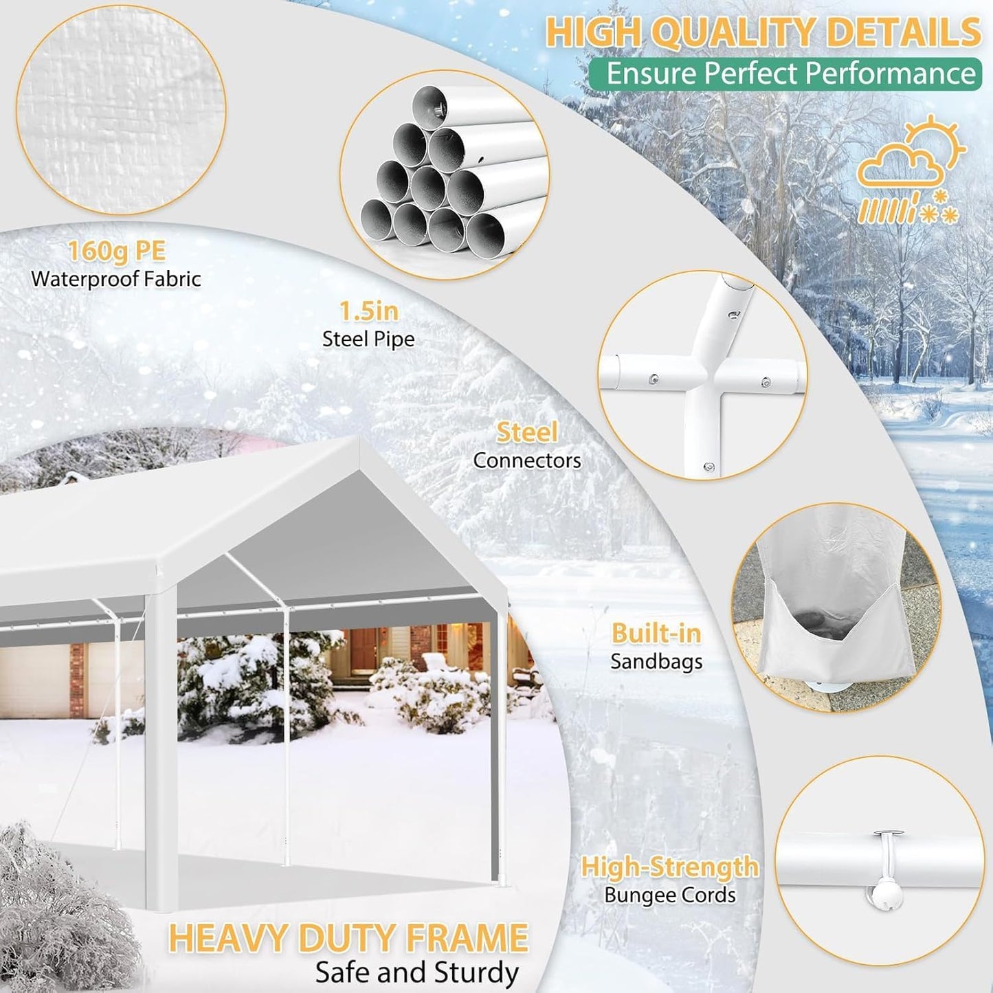 COBIZI Carport 10x20ft Heavy Duty Portable Garage, 2.0 Powder Coated Frame(Better Than Galvanized), Waterproof Shelter with Removable Sidewalls & Windows, Built-in Sandbags, for Car/Boat/SUV, White