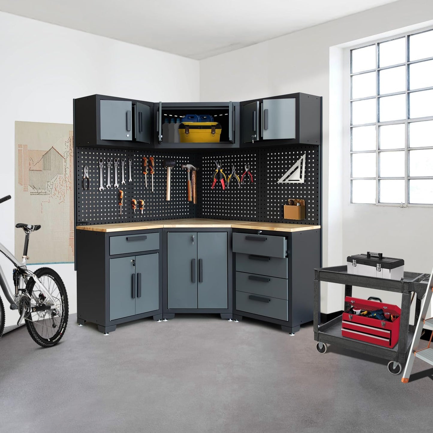 Garage Storage Cabinet System - 8-Piece Set with Corner Cabinet, Drawers, Workbench, Pegboard for Tool Organization - Black and Grey