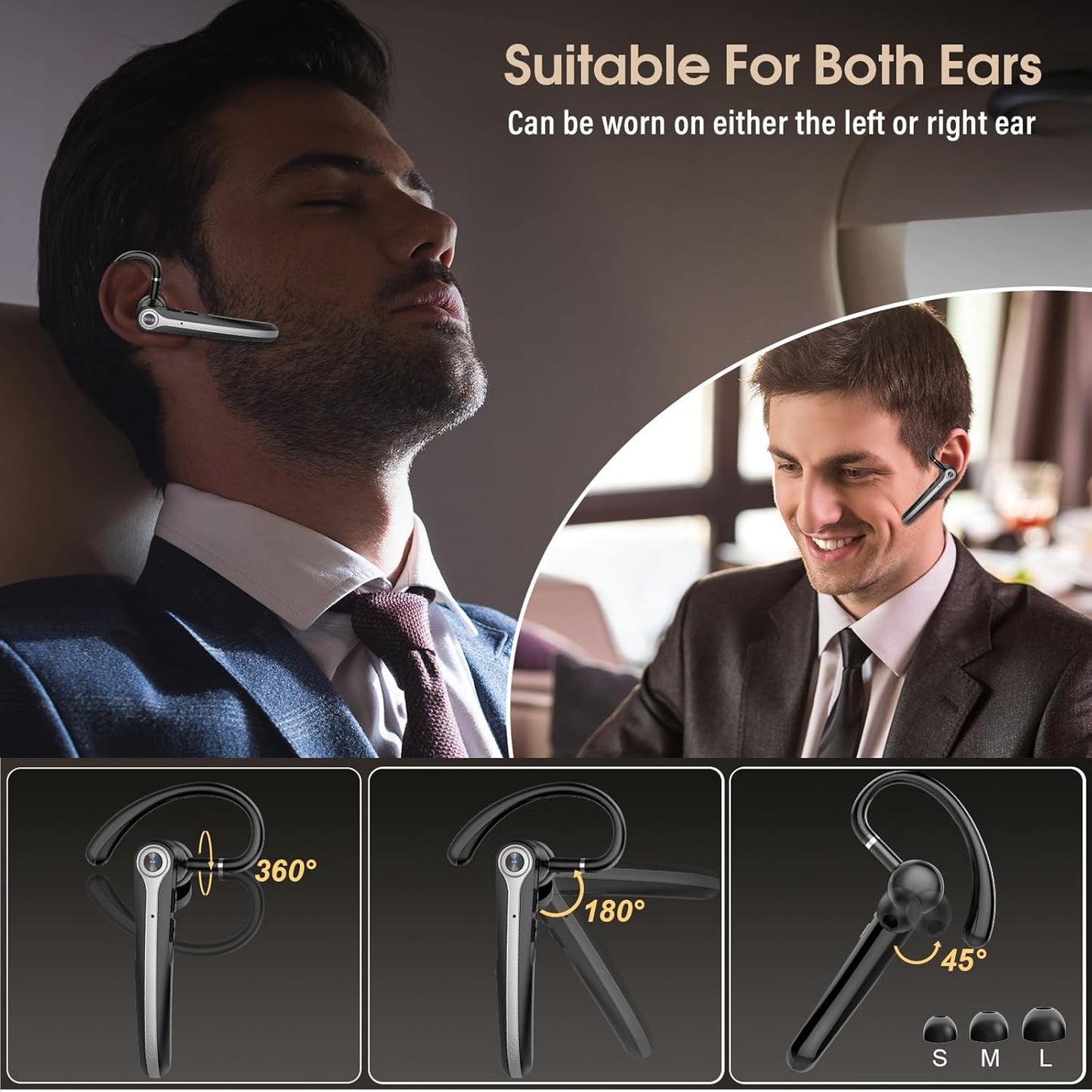 Bluetooth Headset, Wireless Bluetooth Earpiece with ENC Noise Canceling Mic, 120Hrs Talk Single-Ear Headphones, LED Display, IPX7 Waterproof Hand-Free Earphone for Business/Trucker/Driver, Blcak