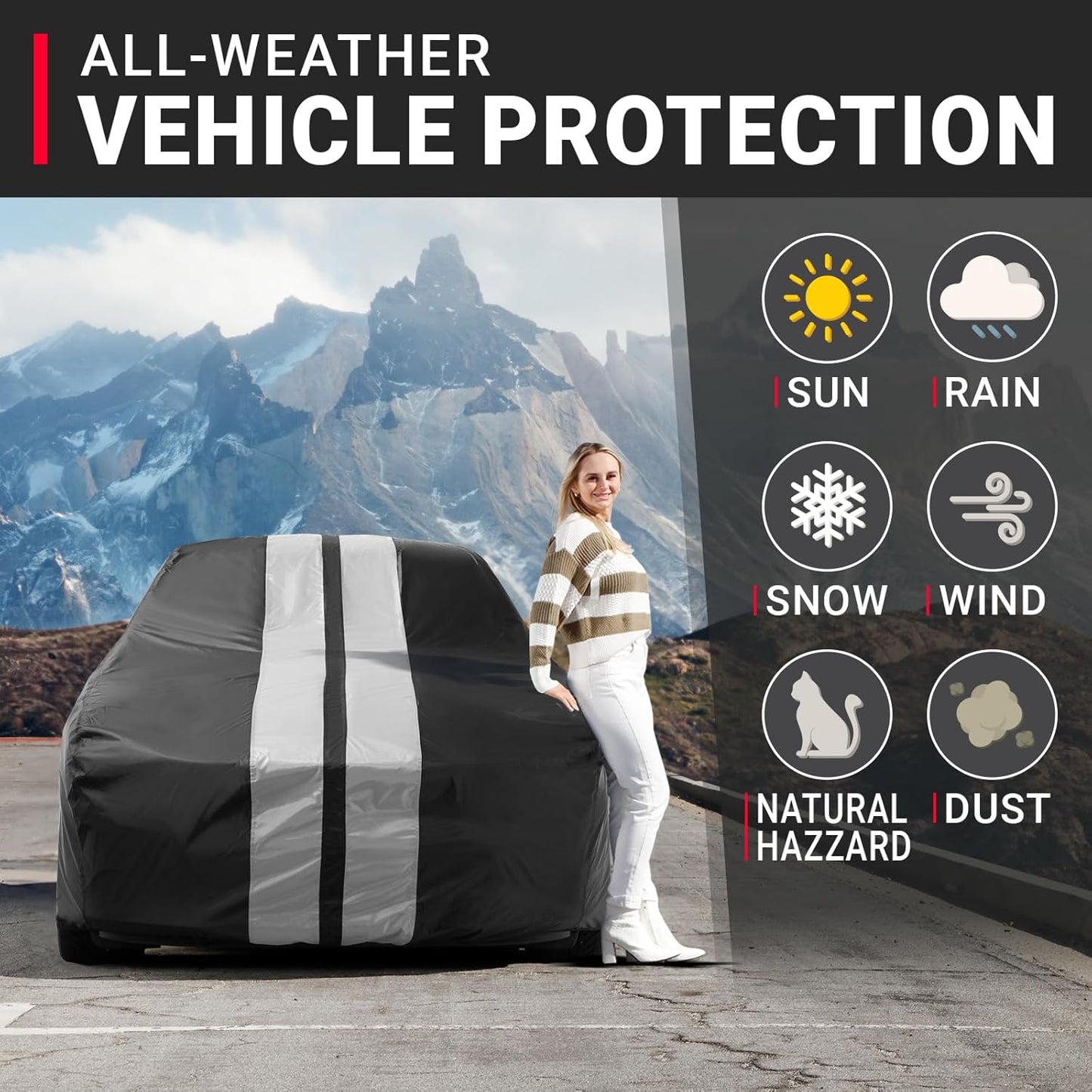 iCarCover Custom Car Cover for Pontiac Catalina (1971-1976) Waterproof All-Weather Rain Snow UV Sun Protector Full Exterior Indoor Outdoor Car Cover (Stripe - Black/Gray)