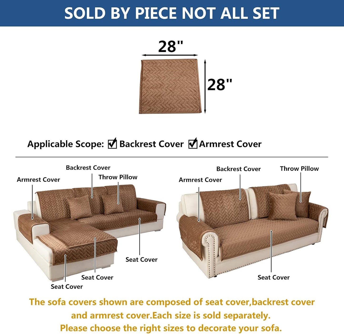 Eismodra Armrest Covers,Couch Cover,Sofa Cover,Backrest Covers,Anti-Slip Armchair Slipcovers for Dogs Cats Pet Loveseat Recliner Leather L Shaped,Brown 28 x 28 Inches (Only 1 Piece)