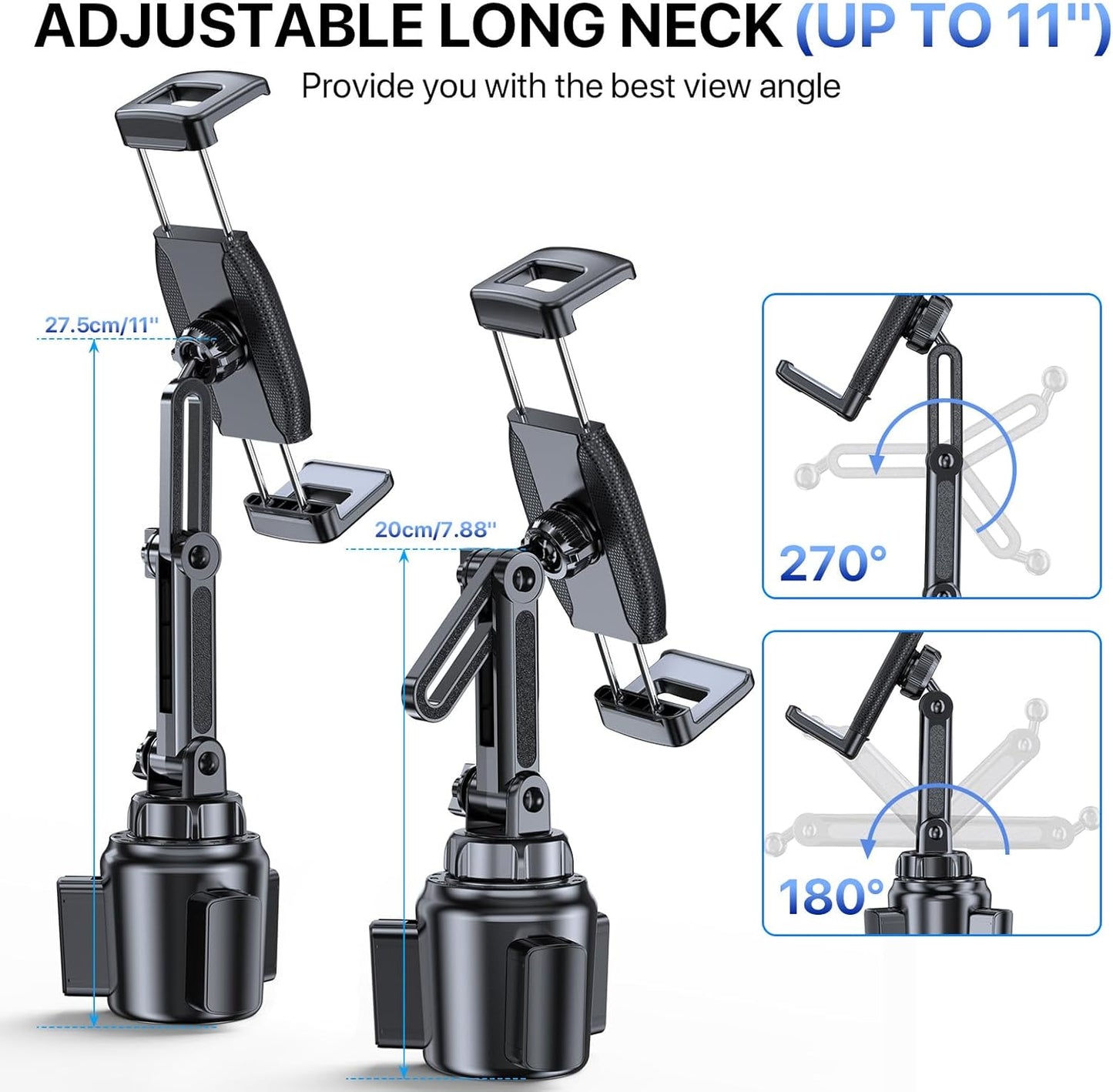 Miracase [2025 Latest Upgraded Cup Holder Tablet Mount for Car, [High-Rise Clamp Arm] Adjustable Long Neck Car Tablet Holder Compatible with iPad, Pro, Air, Mini & All 6.1-12.9" Tabs