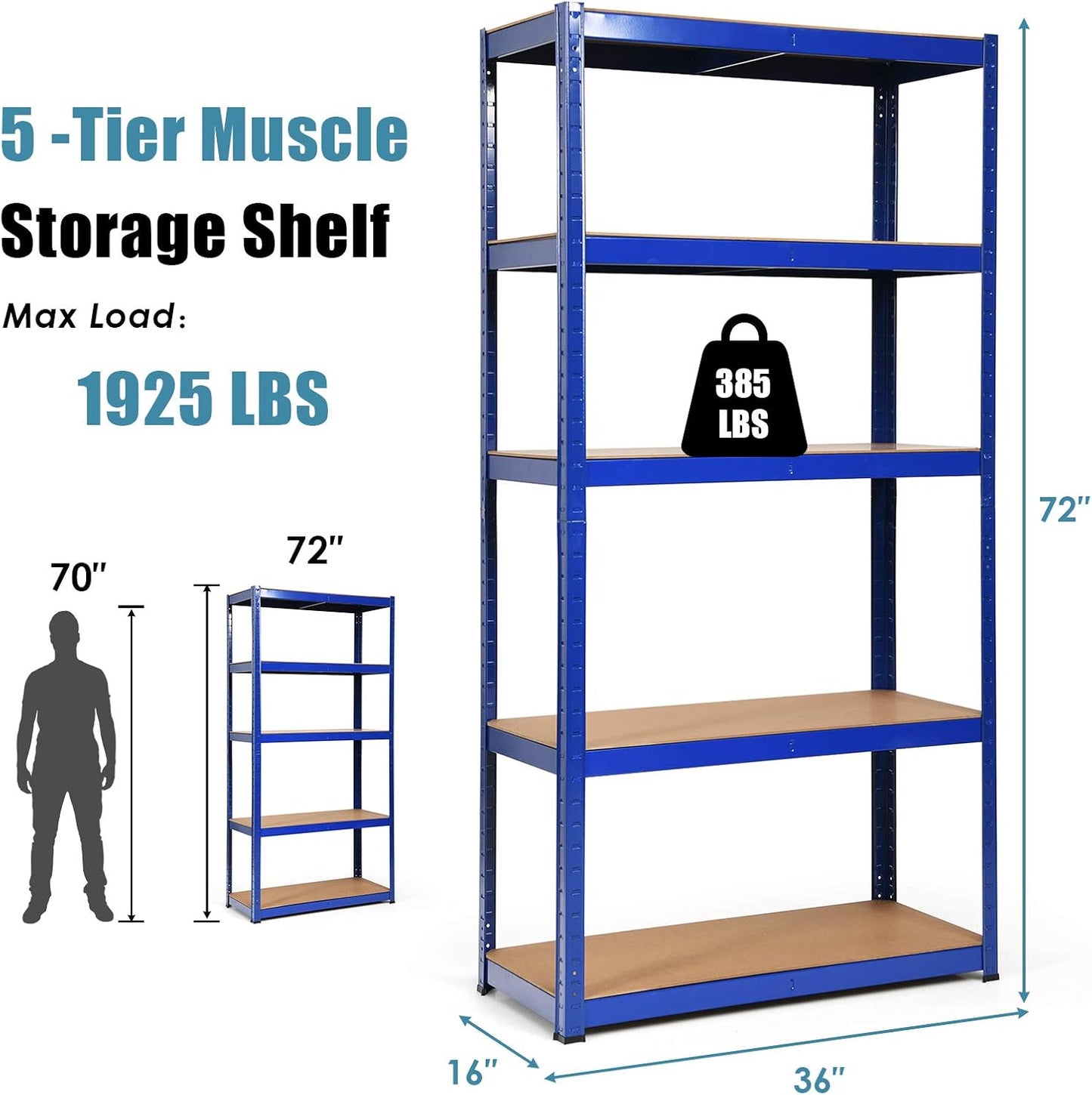 ERGOMASTER 5 Tier Utility Shelves Rack Garage Heavy Duty Steel Metal Shelving Unit with Adjustable Design, Bolt-Free Assembly & 380 LBS Wight Capacity Per Tier (Set of 2, Blue)