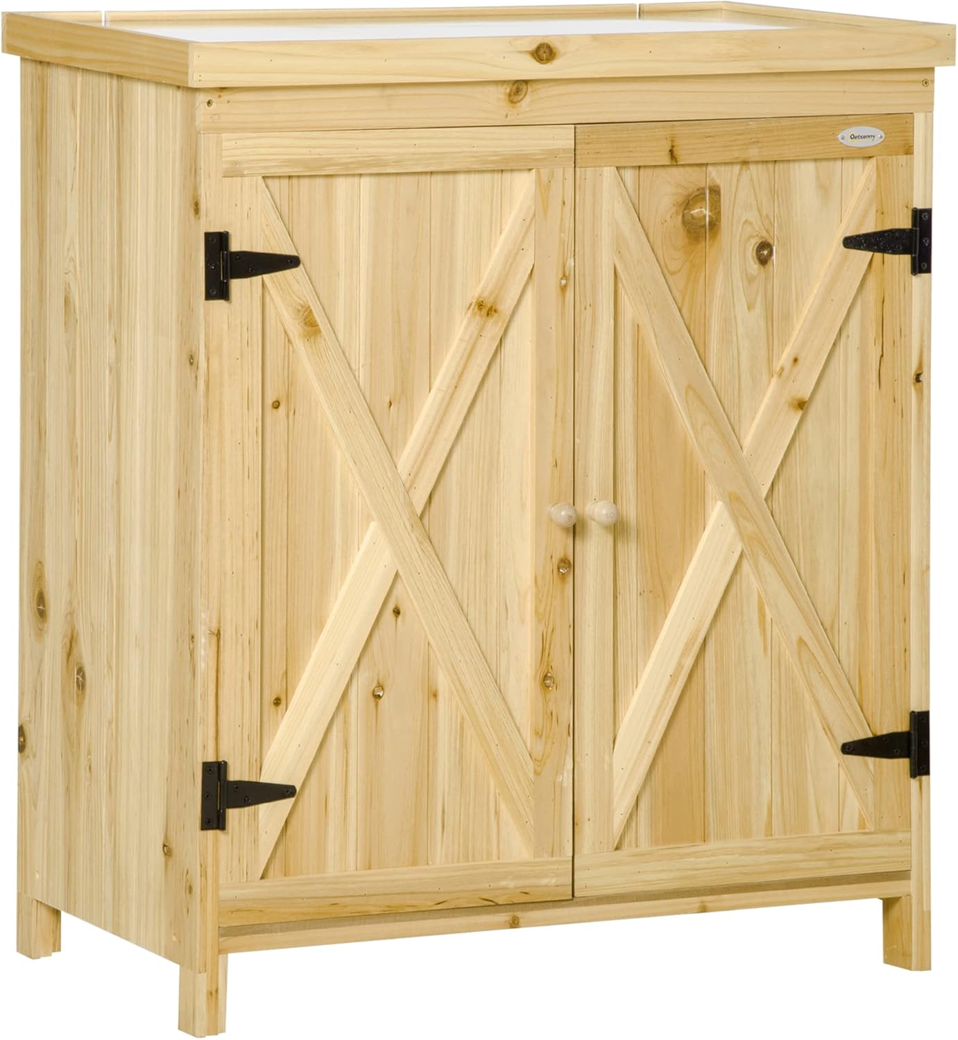 Garden Storage Cabinet, Outdoor Tool Shed with Galvanized Top and Two Shelves for Yard Tools or Pool Accessories, Natural