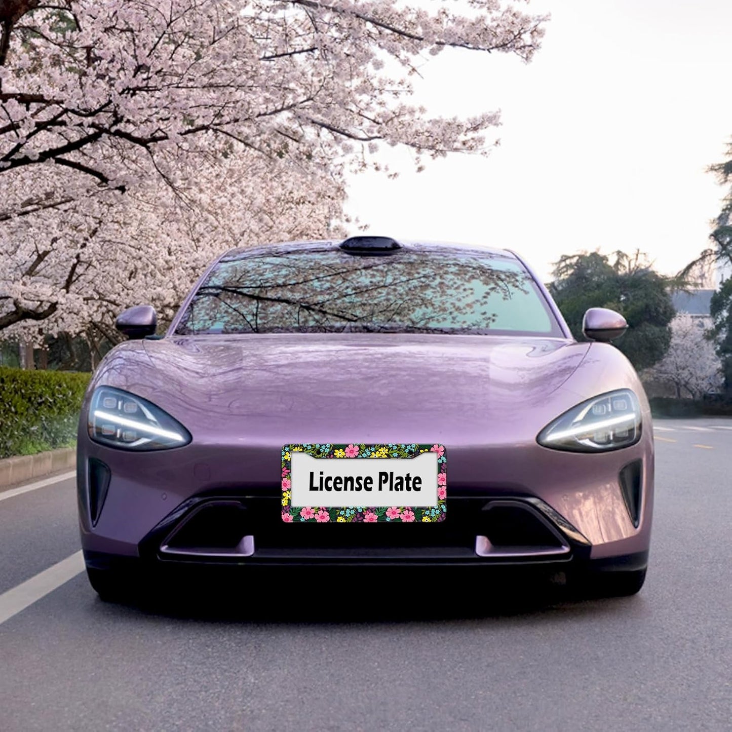 Floral License Plate Frame, Flowers License Plate Holder Covers, Metal Aluminum Rustproof Car Accessories for Us Canada Standard Women Men 2 Holes with Screw Caps