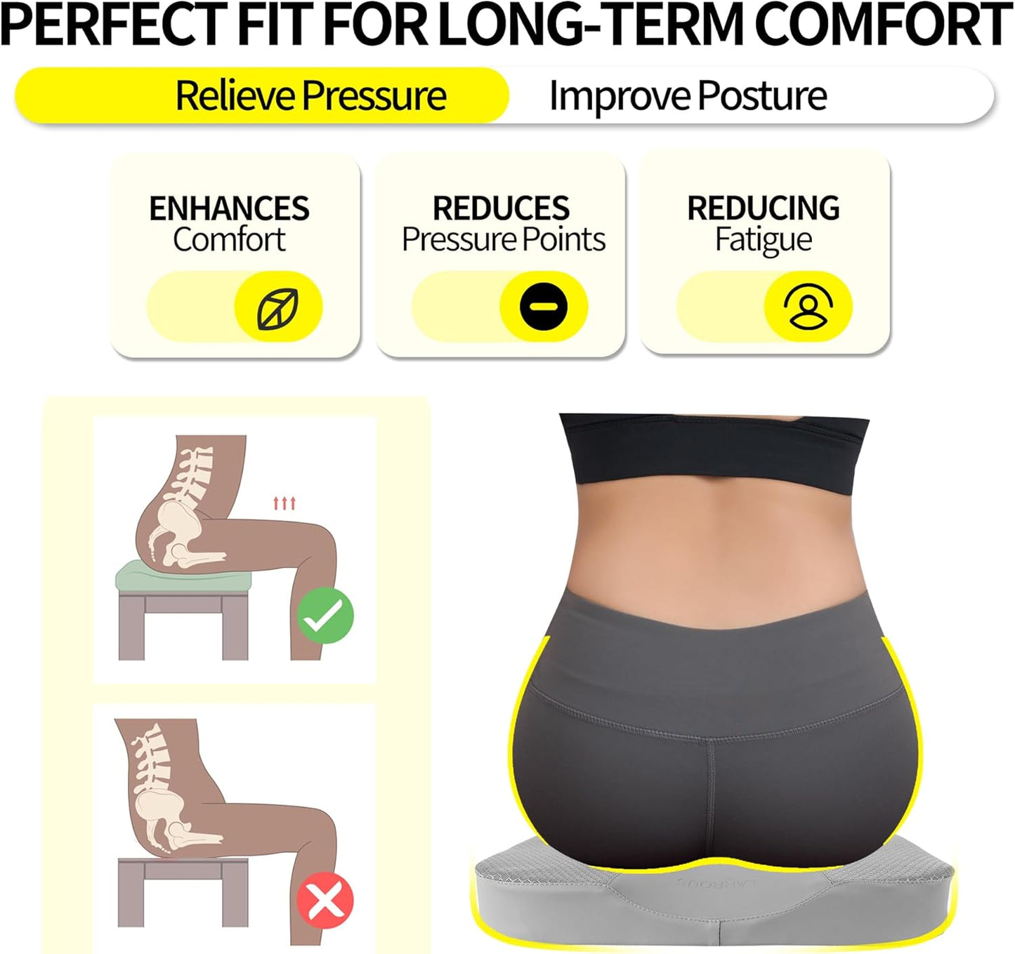 Car Seat Cushion - Comfort Memory Foam Seat Cushion for Car Seat Driver, Tailbone (Coccyx) Pain Relief, Car Seat Cushions for Driving (Gray)