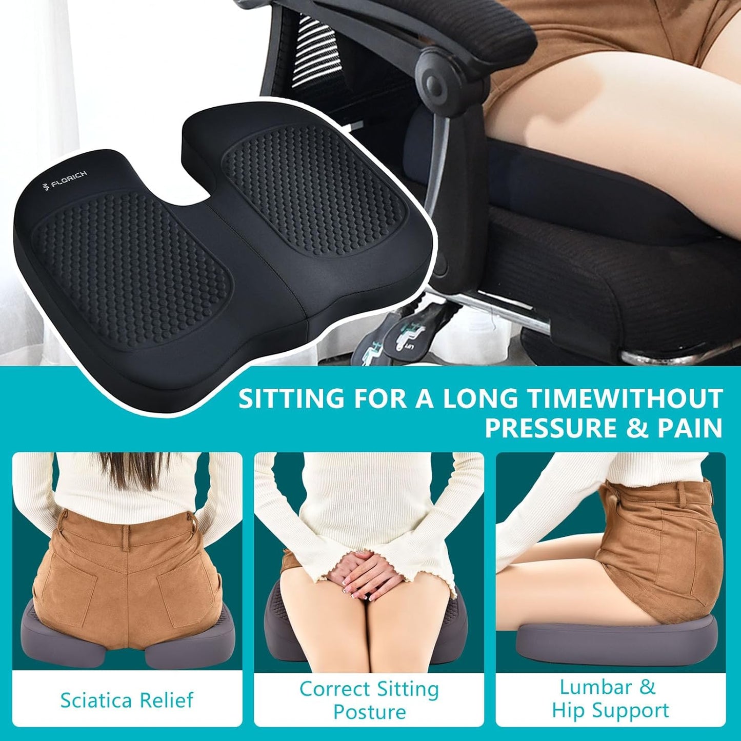 FLORICH 3 PCS Seat Cushion for Carseat Lumbar Support Pillow Car Neck Headrest Pillows Memory Foam Seat Pads Pressure Relief Back Cushion for Office Chair(Black)