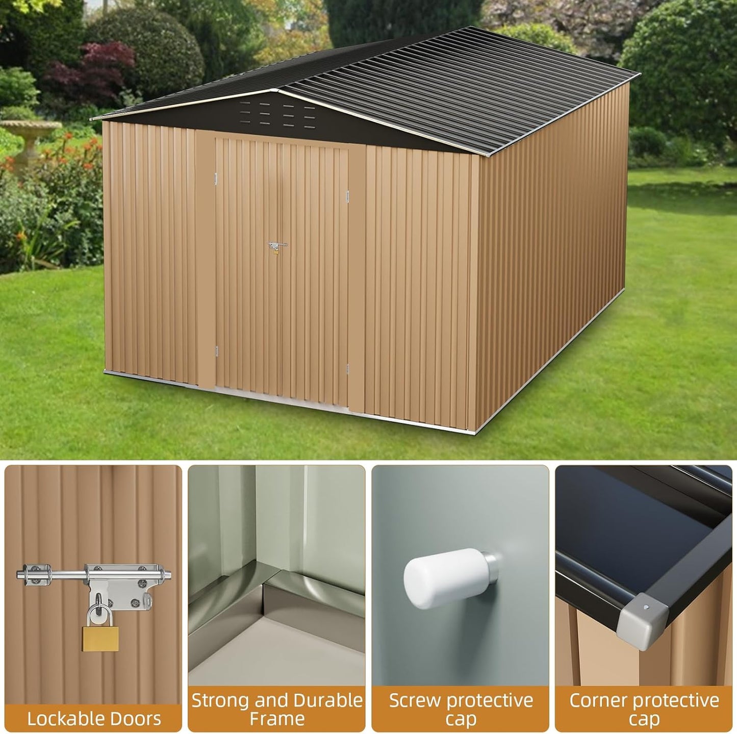10x10FT Outdoor Metal Storage Shed, Lockable Weatherproof Garden Shed for Tools & Equipment, Durable Galvanized Steel with Sloping Roof & Ventilation, Ideal for Backyard, Patio & Garage Storage, Brown