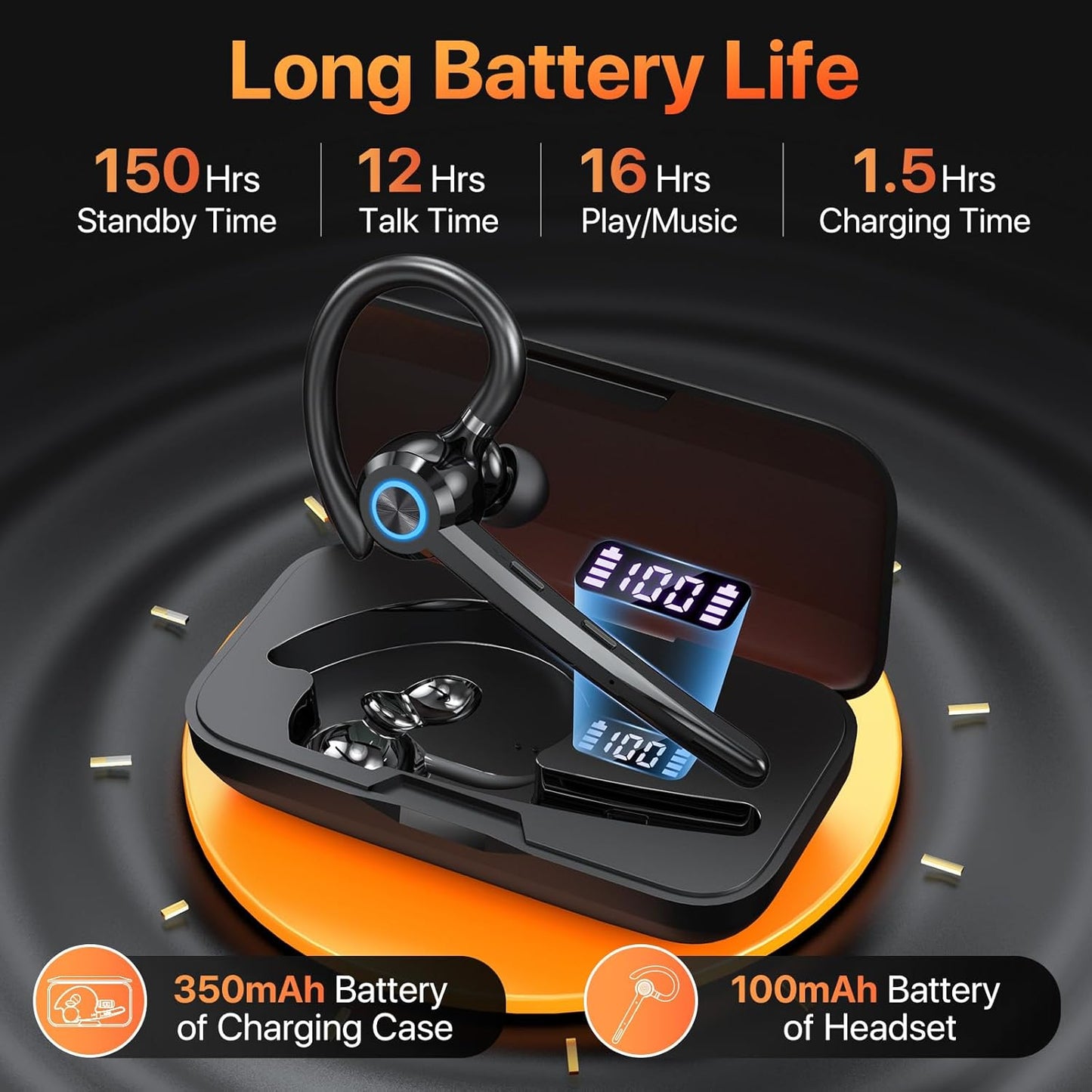 Bluetooth Headset with Microphone,V5.4 Bluetooth Earpiece with Charing Case 150H Standby Time Hands Free Headset with Noise Canceling for Work Business Office Trucker(Black)