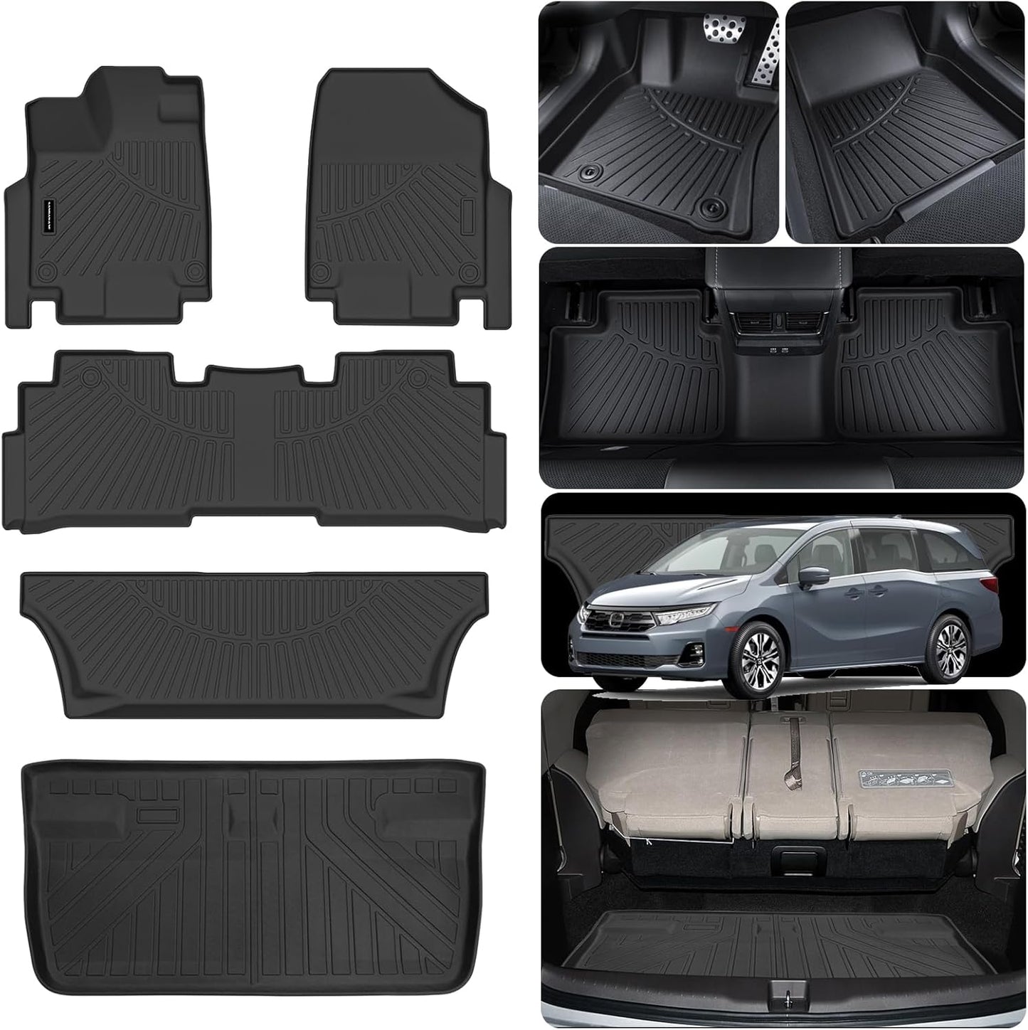 Floor Mats & Trunk Mats for Honda Odyssey 2018-2023 2024 2025, TPE All Weather Protection Car Floor Liners with Cargo Liners with Cargo Liners Accessories