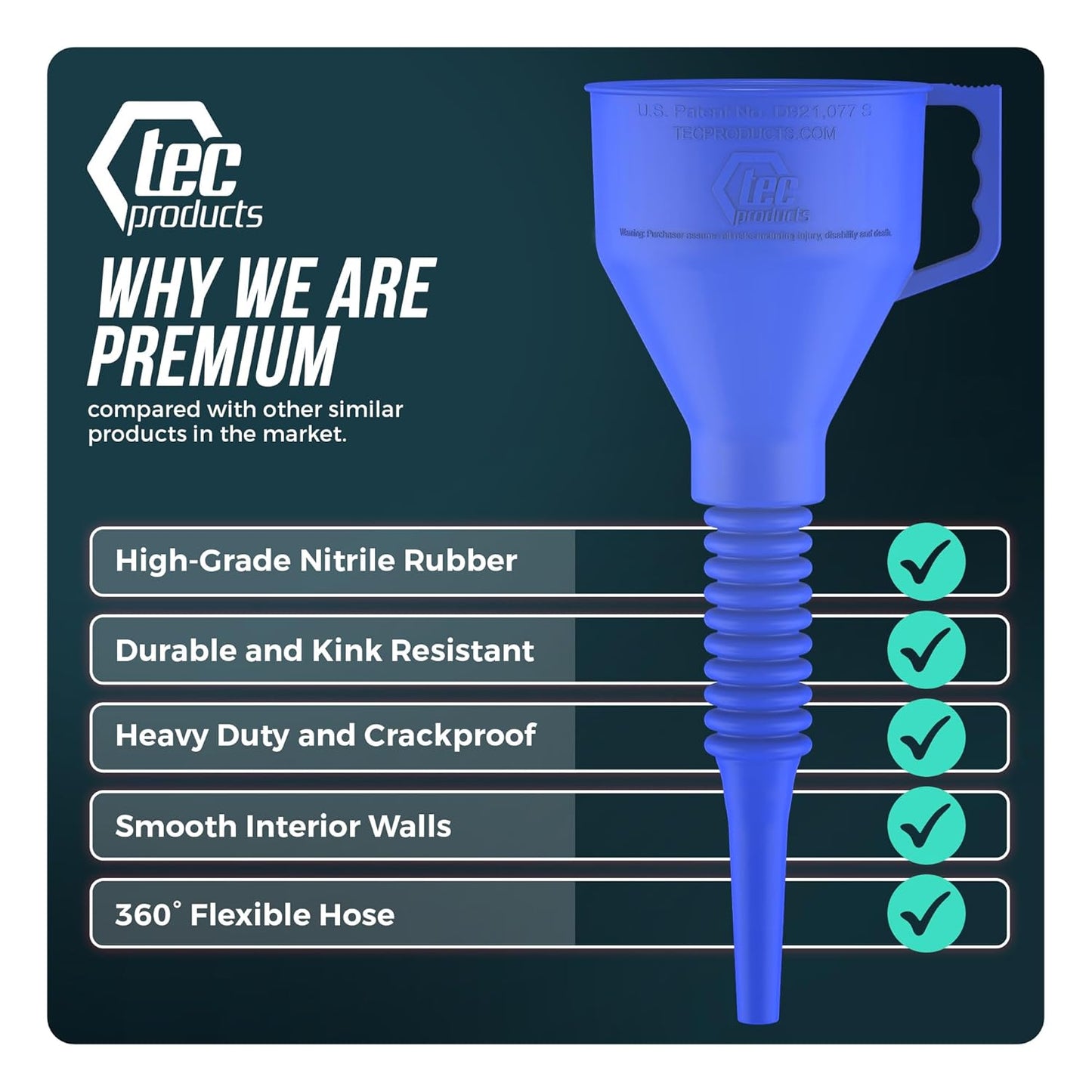 FlexAll Long Flexible Funnel for Automotive Use - Durable Nitrile Rubber - Ideal for Car Oil Change, Transmission Funnel Fluid, Diesel, Fuel, Gas - Made in USA - Blue (12 x 4 Inches)