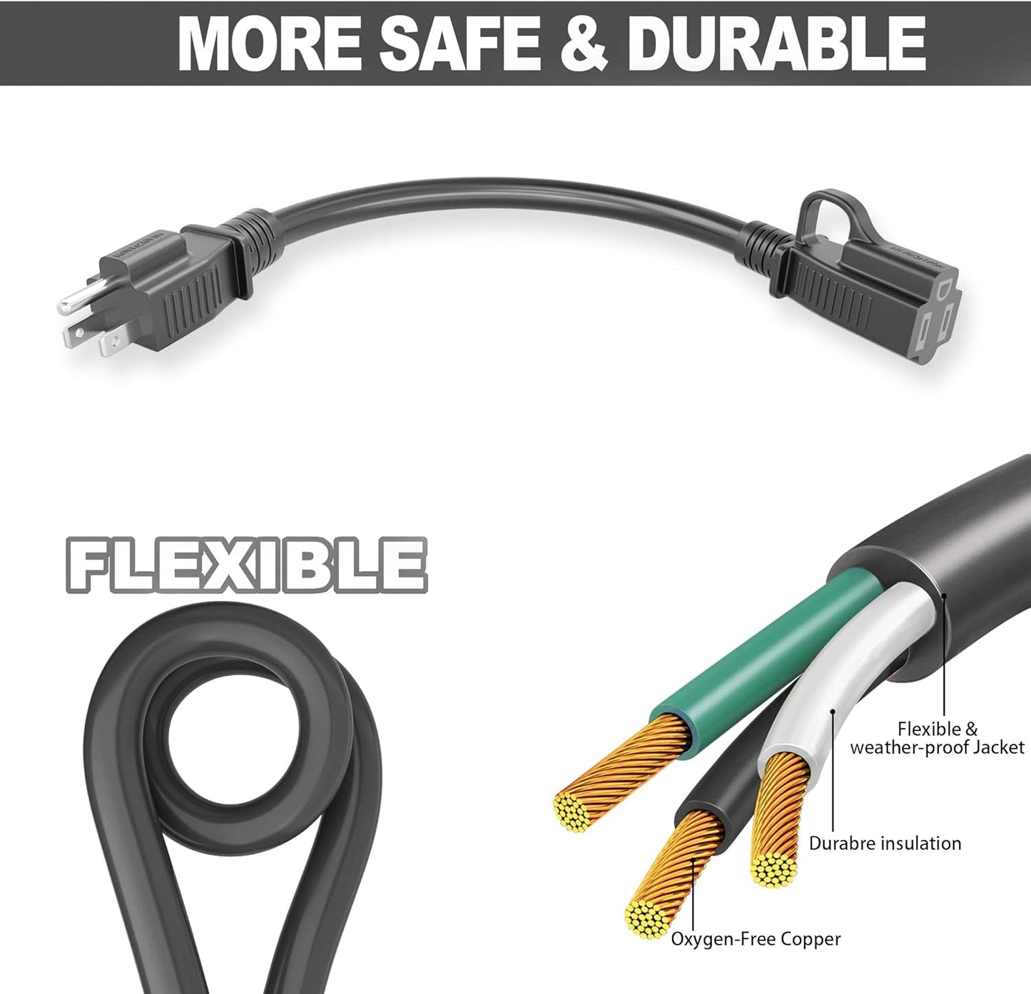 HUANCHAIN 10 ft (2pack) Indoor Outdoor Black Extension Cord Waterproof, 16/3 Gauge Flexible Cold-Resistant Appliance Cord Outside, 13A 1625W 16AWG SJTW, 3 Prong Heavy Duty Electric Cable, ETL