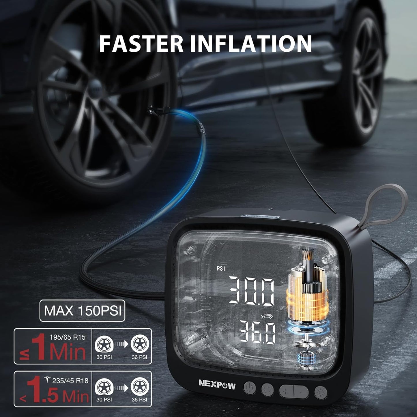 Tire Inflator Portable Air Compressor, NEXPOW 150PSI 12V DC Air Pump with Dual Digital Pressure Gauge & Auto Shut-Off, Air Compressor Portable with LED Light for Car, Motorcycle, Bicycle, Ball, Gray