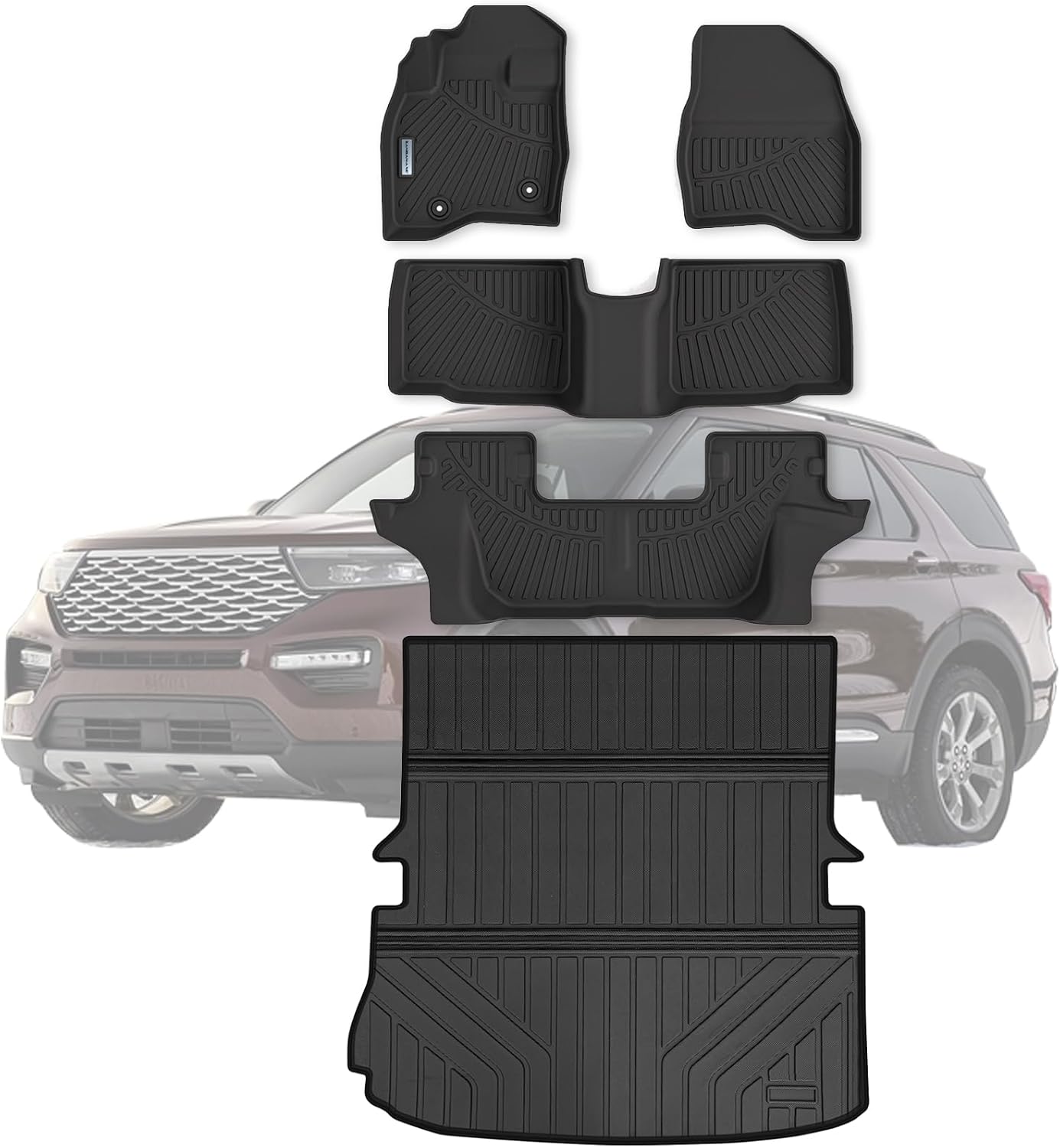 Floor Mats & Large Trunk Mat for 2015-2017 2018 2019 Ford Explorer，TPE All Weather Protection Car Floor Liners with Foldable Big Cargo Liners Accessories