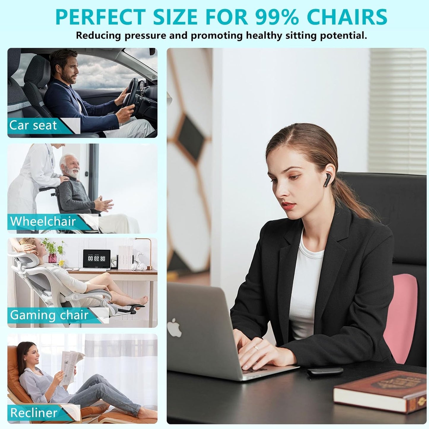 FLORICH 3 PCS Seat Cushion for Carseat Lumbar Support Pillow Car Neck Headrest Pillows Memory Foam Seat Pads Pressure Relief Back Cushion for Office Chair(Pink)