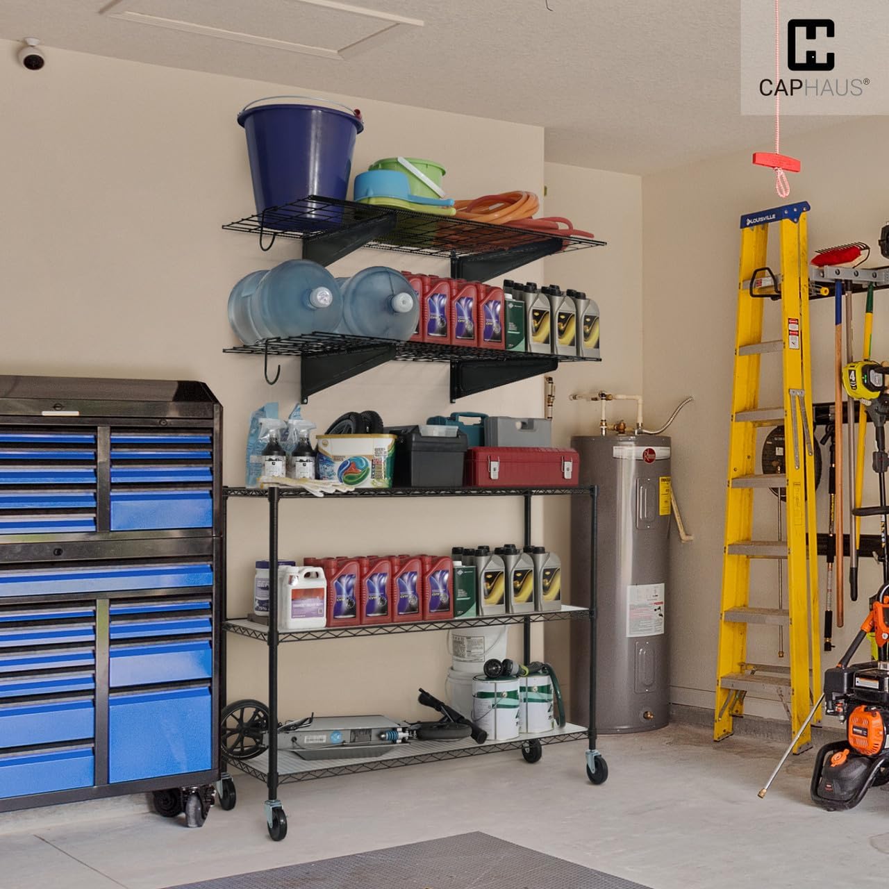 CAPHAUS Garage Wall Shelving, 48 in. W x 18 in. D Wall Mounted Garage Shelves w/ 2 Bike Hooks, Heavy Duty Organizer Shelf for Garage Storage System, Black or White