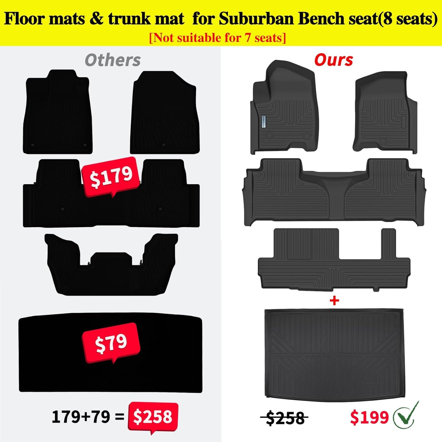 Floor Mats & Trunk mat for 2021-2024 2025 Chevrolet Suburban 8 Seats with 2nd Row Bench Seats（not fit 7 Seats）/GMC Yukon(Only Fit XL)，TPE Floor Liners & Trunk mat for Chevy Suburban