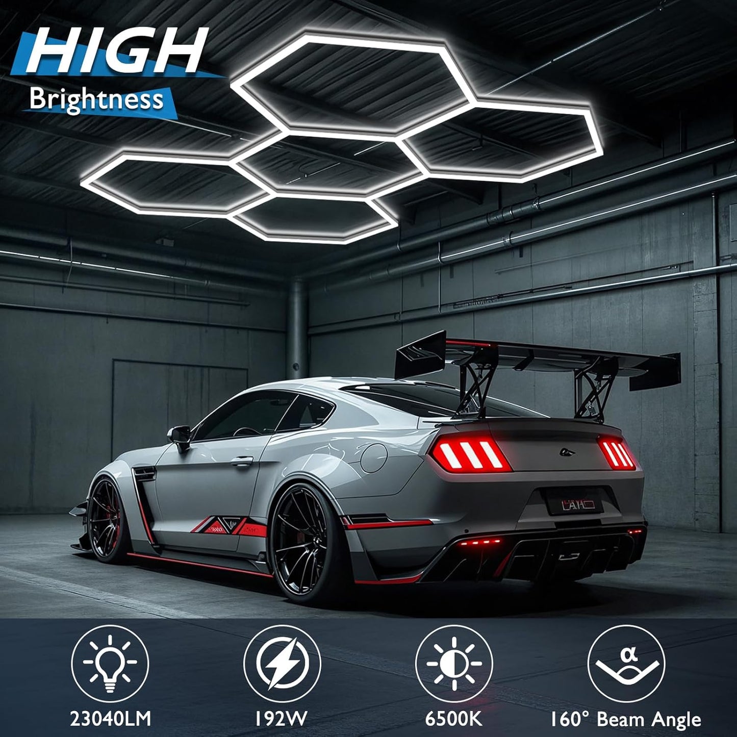 BRILLIHOOD Hexagon Garage Lights, LED Honeycomb Lights Ceiling, 192W, 23040LM, 6500K Super Bright, 5 Grid Systems Car Detailing Light for Garage Warehouse Workshop Basement Gym