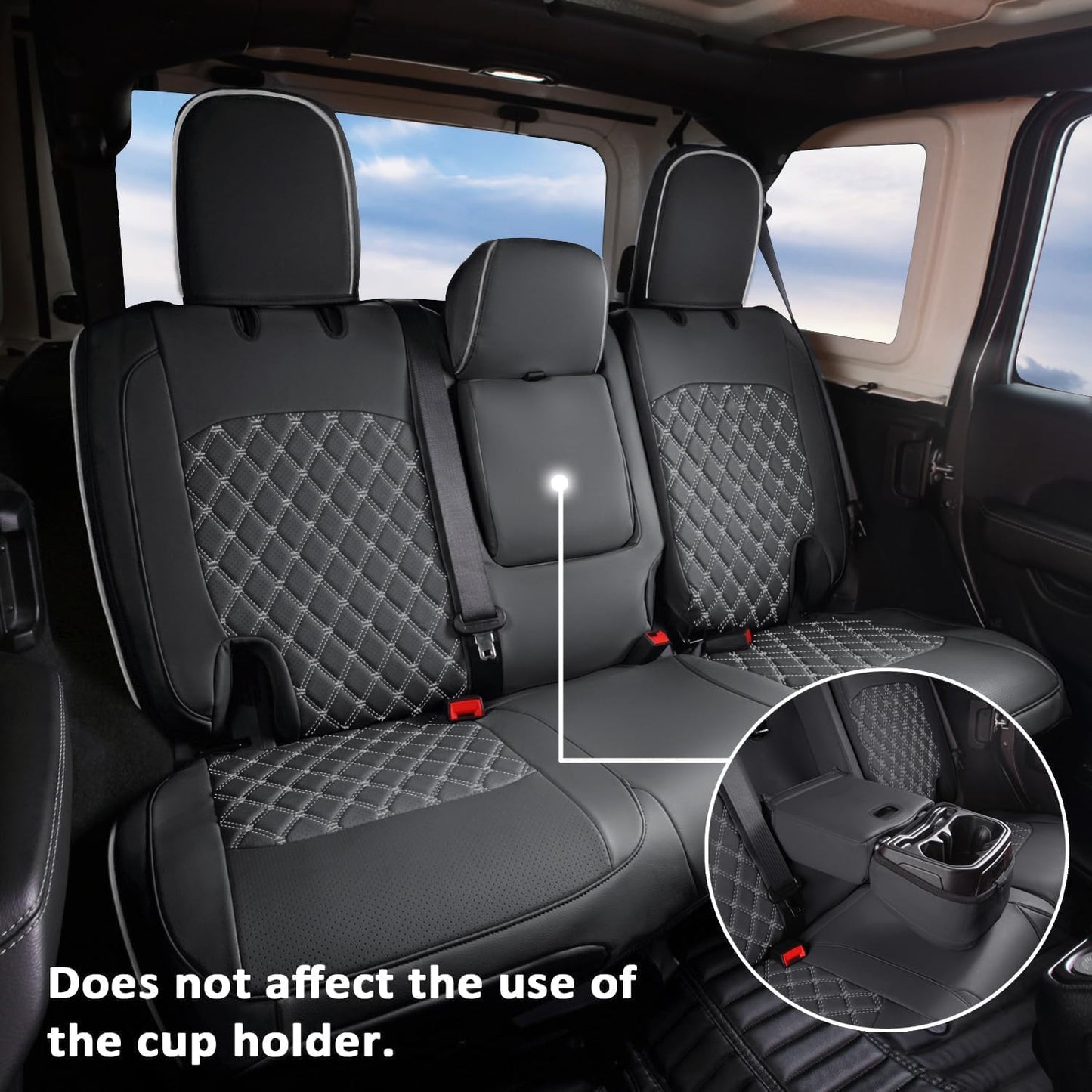 GIANT PANDA Fit Full Set Car Seat Covers for Jeep Wrangler 4 Door JL Sahara Altitude Rubicon 392 Unlimited 2018 2019 2020 2021 2022 2023 2024 2025 with Rear Cup Holder,Faux Leather - (Black+Gray)