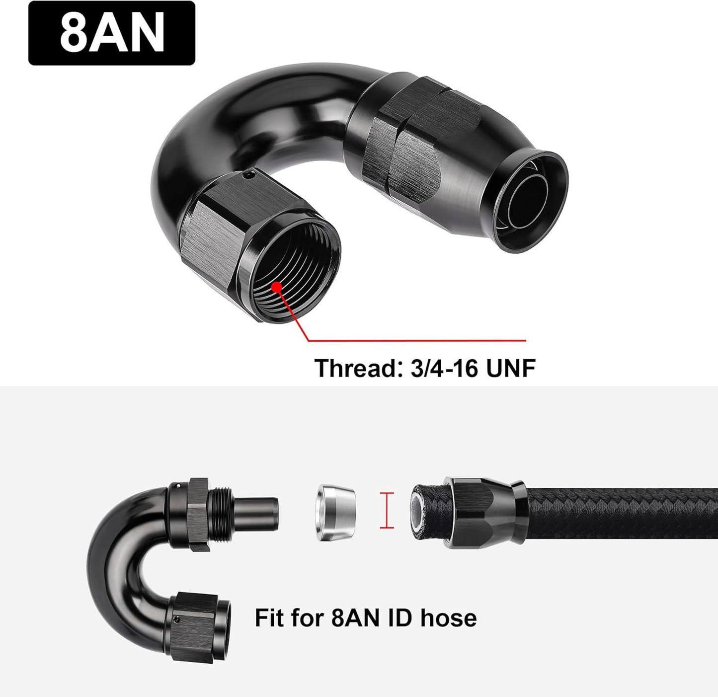 EVIL ENERGY 8AN 180 Degree PTFE One Piece Full Flow End Hose Fitting Aluminum Black