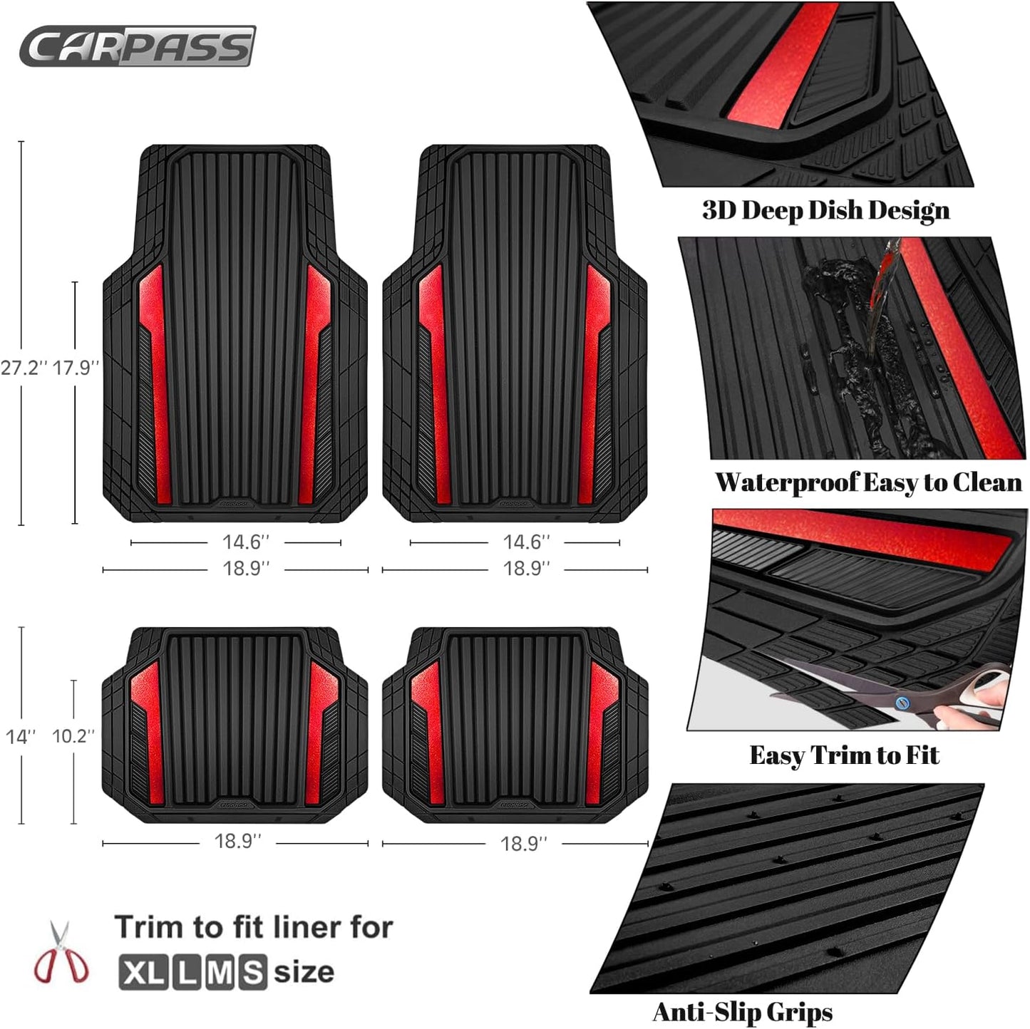 CAR PASS Heavy Duty Rubber Car Mats Metallic S~L Size, Aluminum Film All Weather Floor Mats Waterproof Universal Trim to Fit SUV Sedan Van Truck 4 Piece Deep Dish Two-Tone Sporty Black Red Chrome