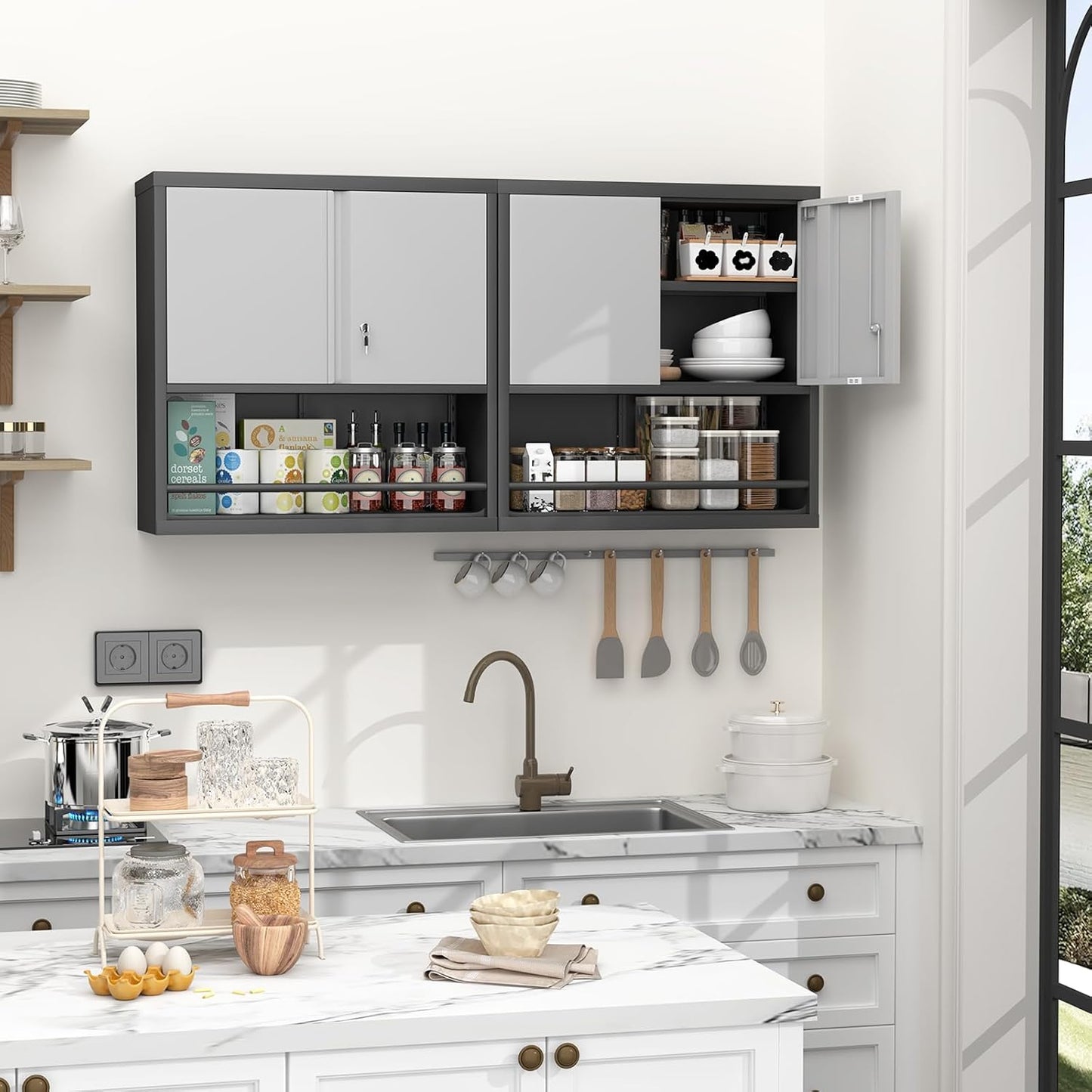 GREATMEET 31" H Metal Garage Storage Cabinets,Wall Cabinet Storage,Lockable Wall Mount Cabinet, Metal Wall Cabinet for Garage Office Utility Room, Black&Grey