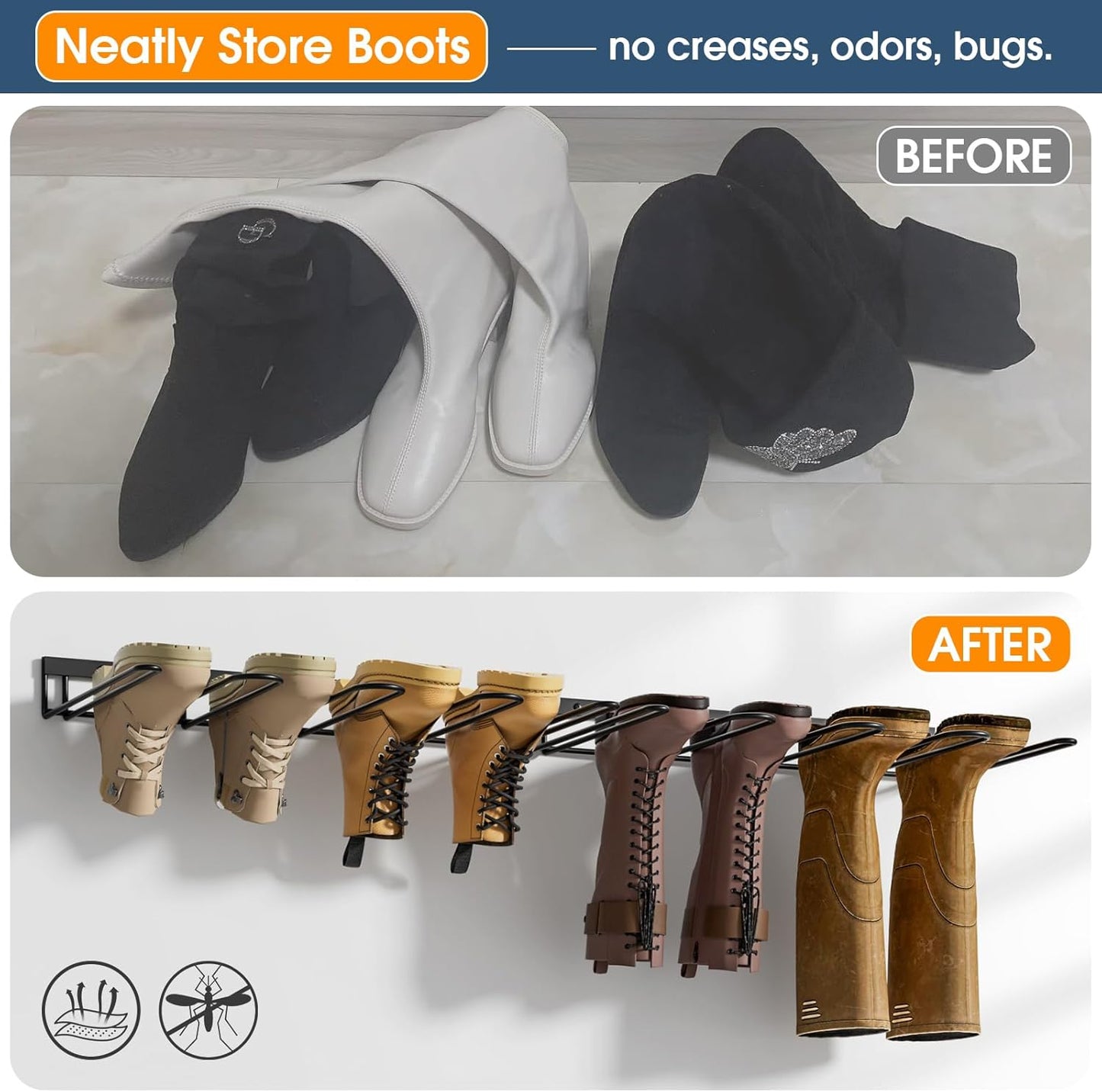 Boot Rack, Wader Hangers for wall, Metal Wall Mounted Shoe Racks, 4 Pair Boot Organizer for Tall Boots and Cowboy shoes, Boots Trays for Entryway,Garage (2 Pack)