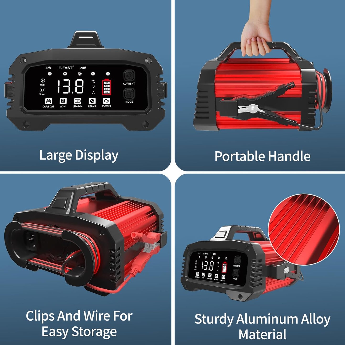 E-FAST 25A Battery Charger, 12/24V All in One Lifepo4 Lead Acid Car Battery Charger, Automotive Jump Starter, Upgraded Trickle Charger, Battery Maintainer for Car Truck Motorcycle Lawn Mower Boat
