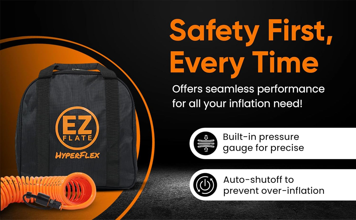 EZ FLATE 4 Tire Hose System | Heavy Duty | Truck or Car Tires | UTV Side By Side Tires | Fast Inflation | 4 Tires at Once | Auto Equalize | Quick Connest Air Chucks (Recoil Hose System)