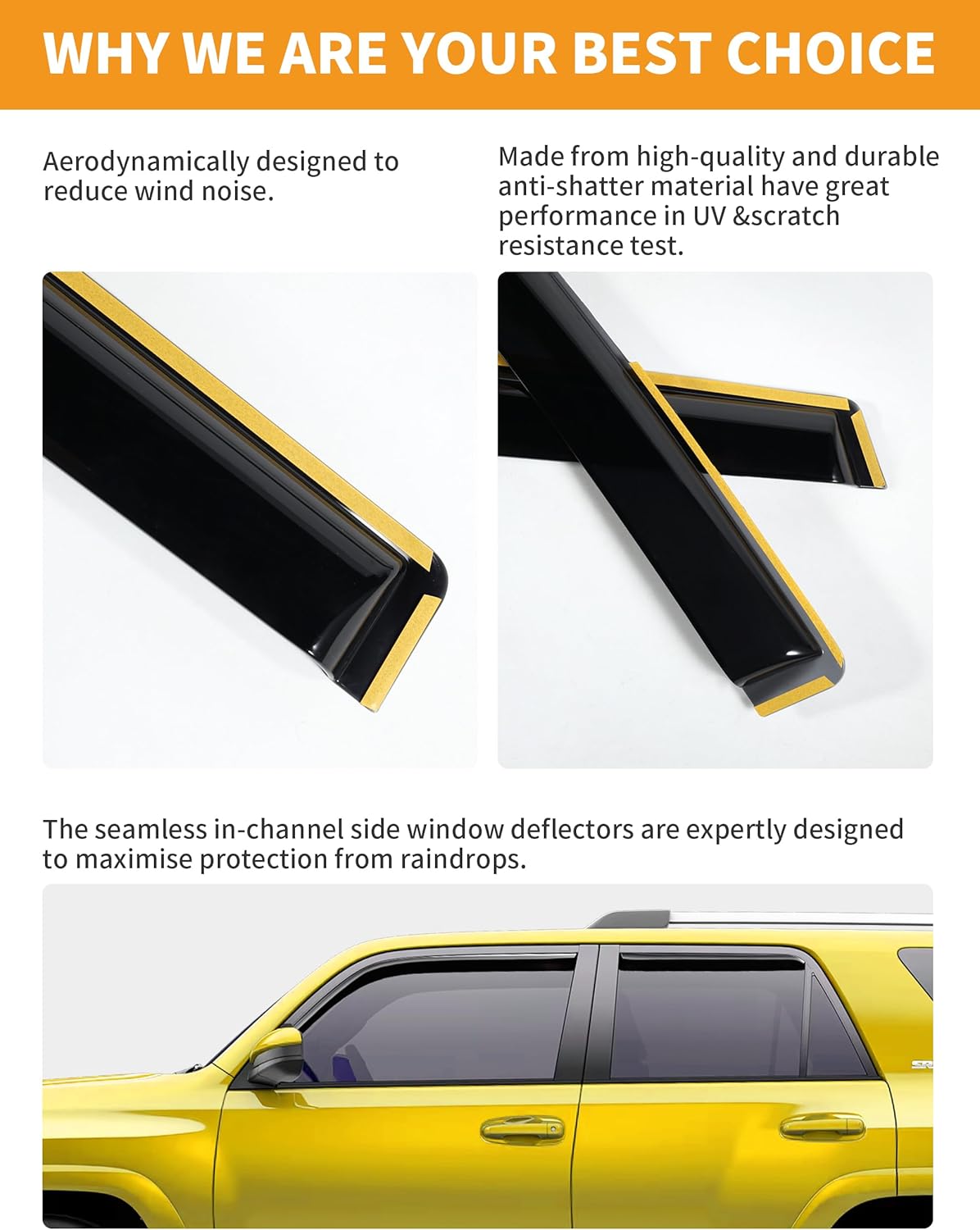 in-Channel Window Rain Guards Fit for Toyota 4Runner 2010-2024 Extra Durable Window Deflectors Vent Visors Shades Exterior Car Accessories Visors Rain Guards - 4 pcs