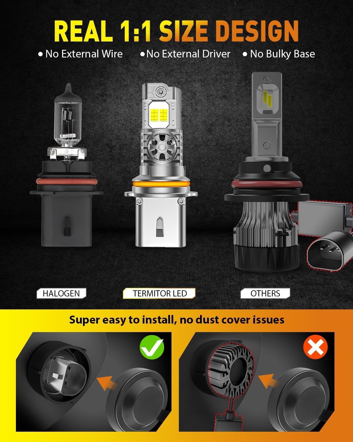 Upgraded 9007/HB5 LED Bulbs, 60,000LM 12X Ultra-Brighter, 6500K Cool White, 1:1 Halogen Size Driving Light, Plug-N-Play, IP68 Waterproof, Pack of 2