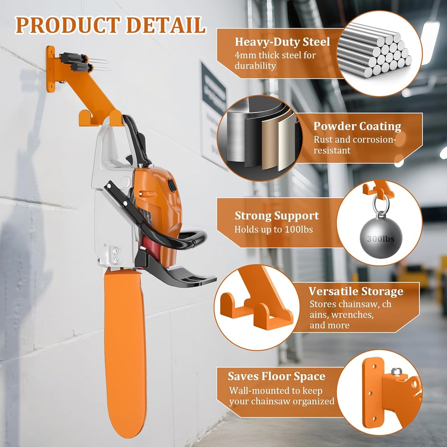 Chainsaw Hanger, 3-in-1 Chainsaw Wall Mount Adjustable Screws for Variety Wall Corner, Garage Organization Garage Storage Shed Organizer Mounted Universal Fit for stihl, Husqvarna, Echo Saws, 1 Pack