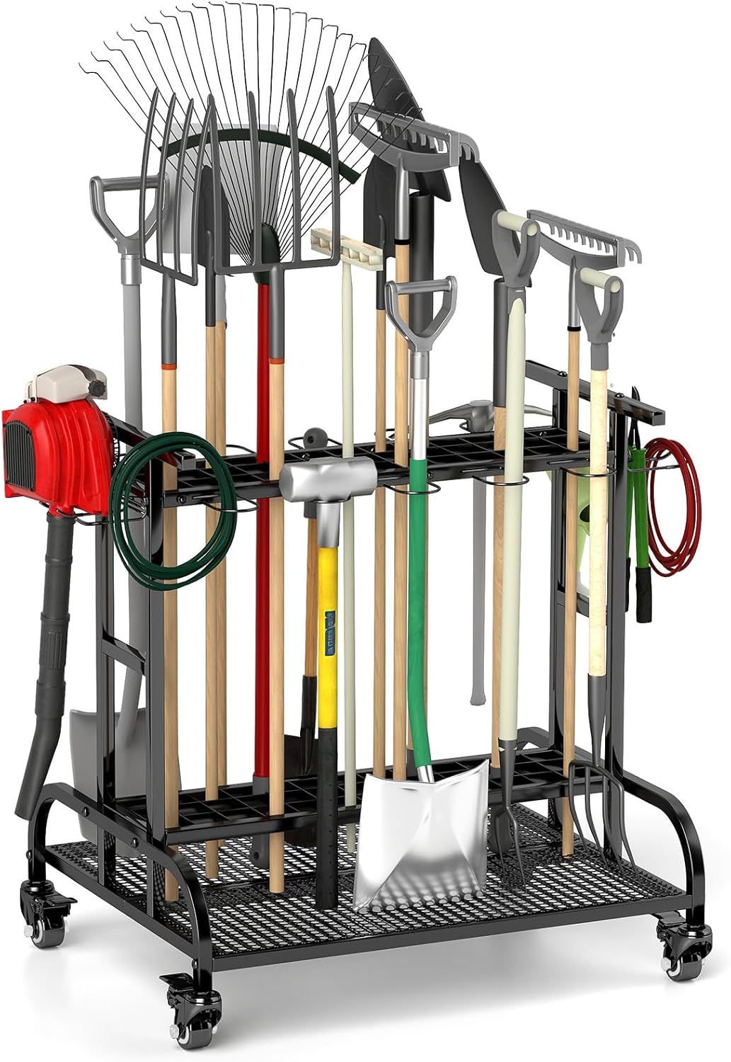 Garden Tool Organizer with Wheels, Large Capacity Garage Tool Rack with Hooks, for Broom, Shovel, Long Handled Tools, Metal Yard Tool Organizer for Garage, Shed, Outdoor