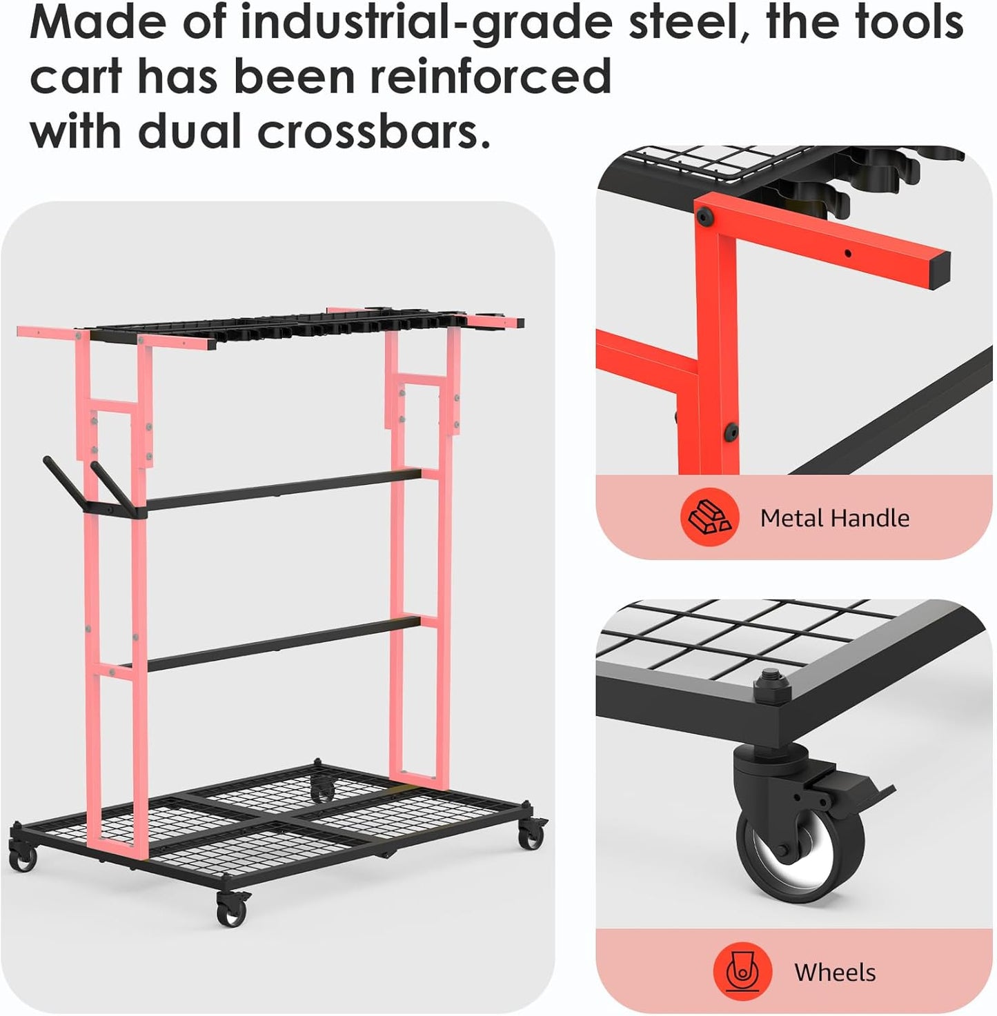CCCEI Garage Organization with Wheels, Outdoor Gargen Yard Shed Tools Organizer Cart, Home Storage for Cleaning Supplies, Broom Holder, for Shovel and Rake, Long Farming and Farming Tools, Red.