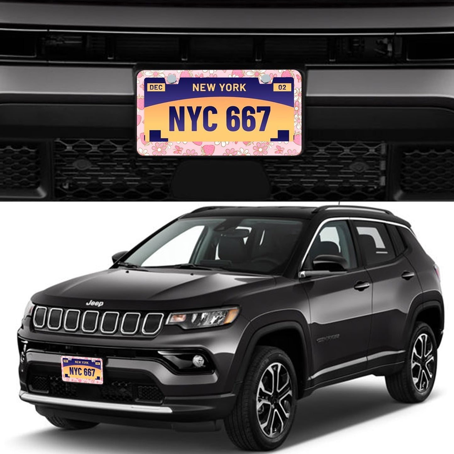 Flowers License Plate Frame Car Universal Stainless Steel Accessories with 2 Holes and Screws Fit for US Vehicles Size 12 x 6 Inches (Pink Butterfly Strawberry Floral, 2)