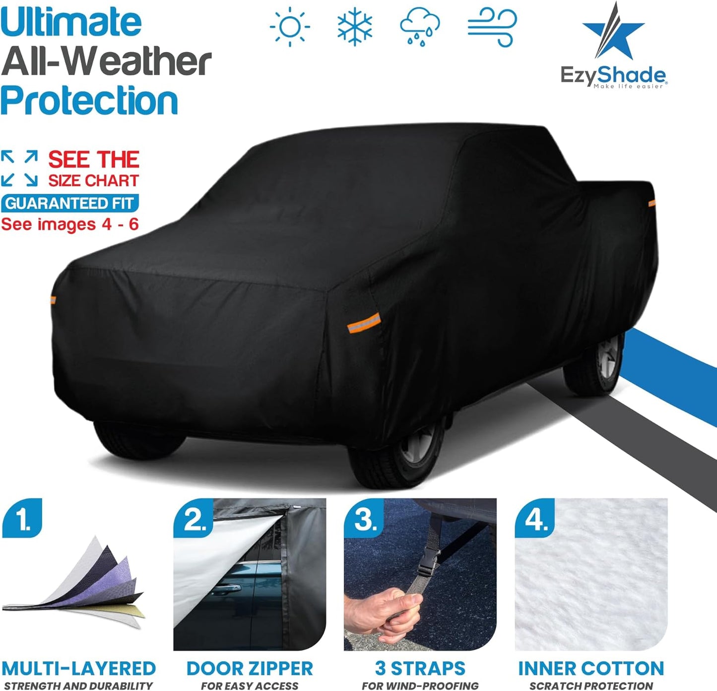 EzyShade 10-Layer Truck Cover Waterproof All Weather. See Vehicle Size-Chart for Accurate Fit. Outdoor Pickup Truck Covers - Colorado Ranger Tacoma. Sun Rain Snow. Black, Size T0 (See SizeChart)