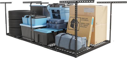 FLEXIMOUNTS 4x8 Overhead Garage Storage Rack, Adjustable Garage Storage Organization Systerm, Heavy Duty Metal Garage Ceiling Storage Racks, 600lbs Weight Capacity, Black