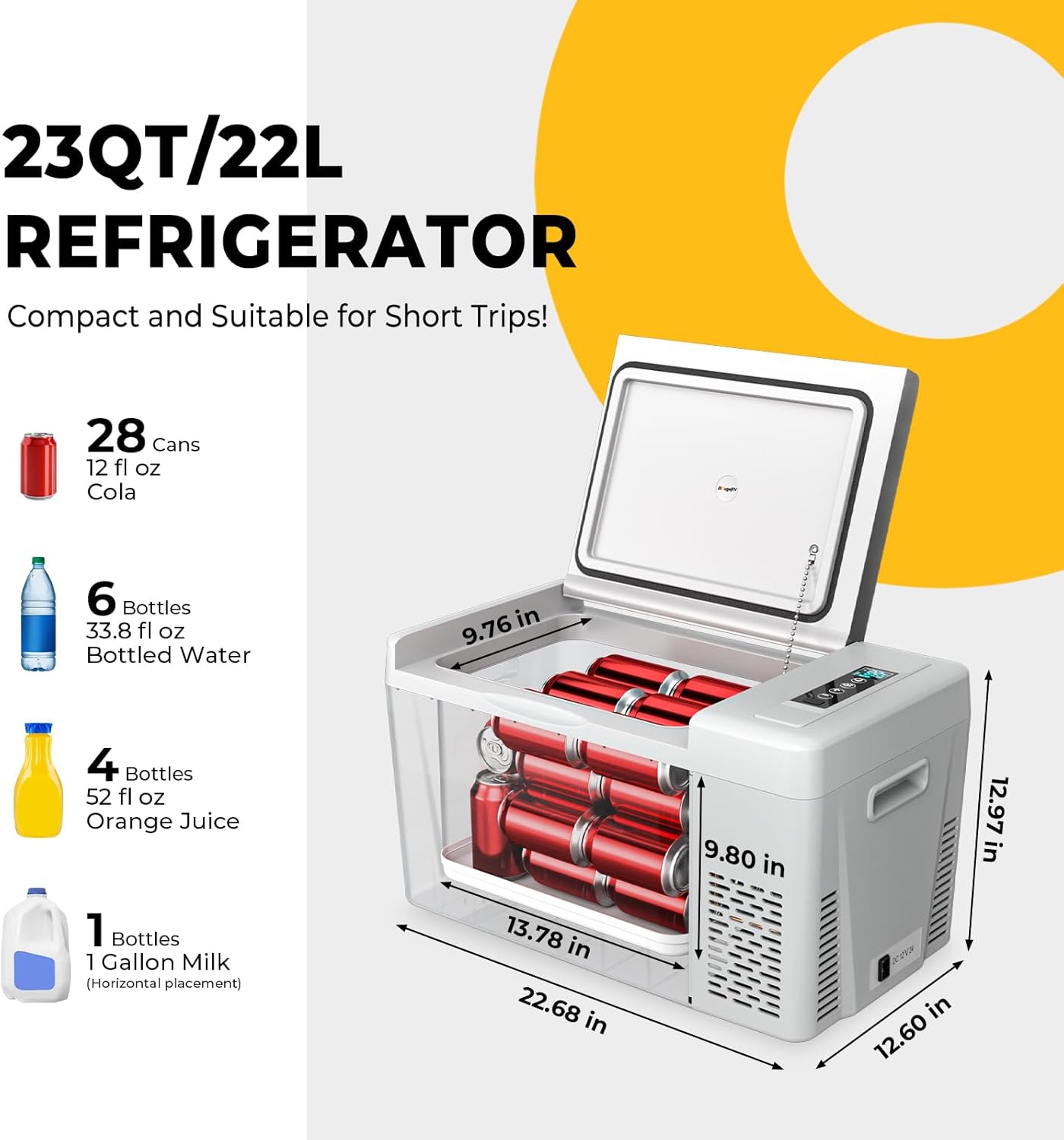 BougeRV 12 Volt Refrigerator With 23 Quart Cover, 12V Car Fridge 23 Quart Portable Freezer Compressor Cooler Compressor Freezer, 12/24V DC 110~240V AC, -8℉~50℉ for Truck RV SUV