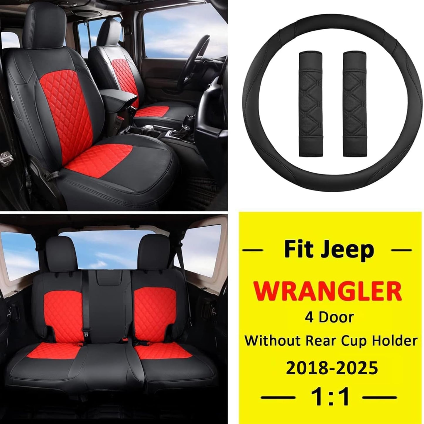GIANT PANDA Fit Full Set Car Seat Covers for Jeep Wrangler 4 Door JL Sahara Sport Rubicon Unlimited Willys 2018 2019 2020 2021 2022 2023 2024 2025 Without Rear Cup Holder,Faux Leather (Black+Red)