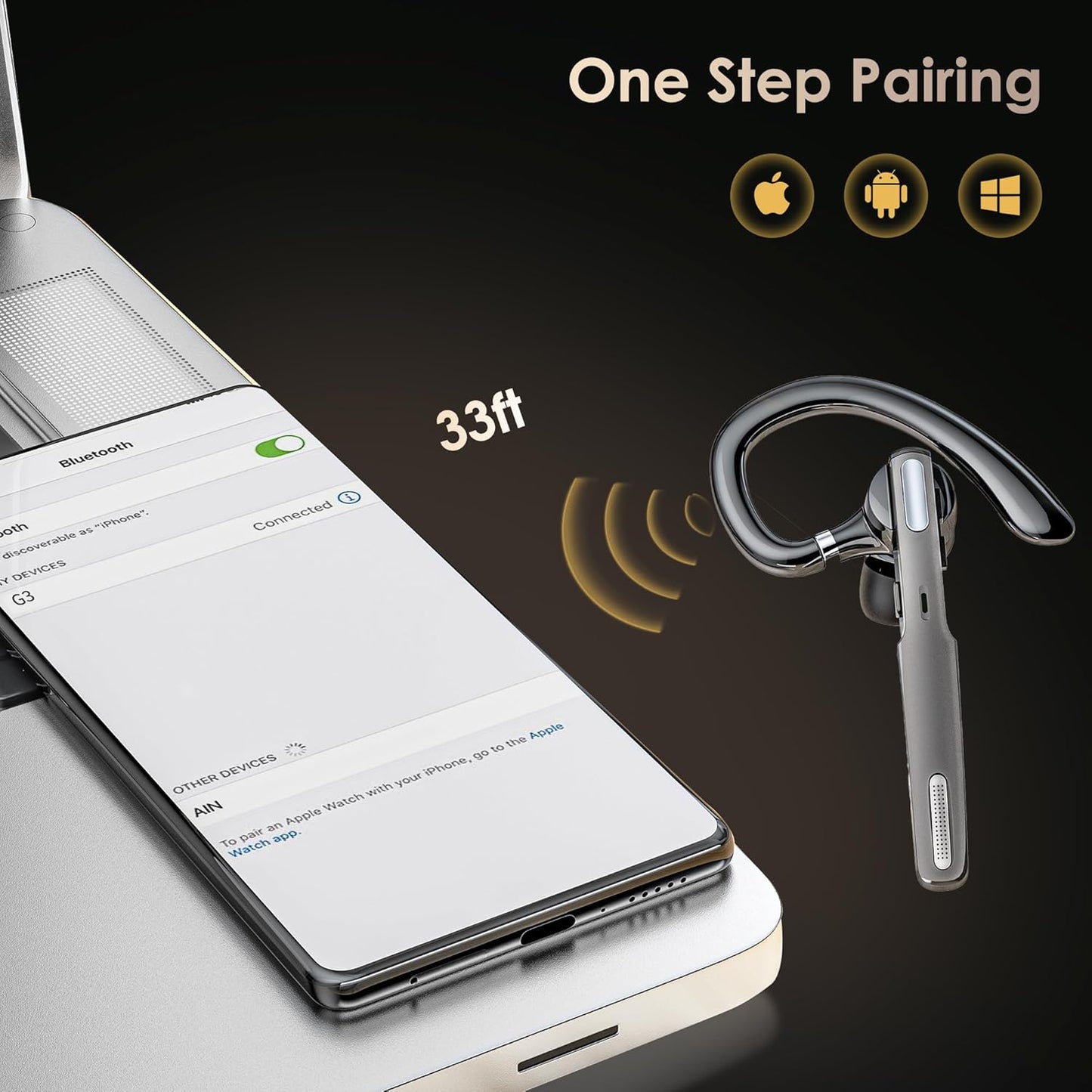 Bluetooth Headset, Wireless Bluetooth Earpiece V5.0 Hands-Free Earphones with Built-in Mic for Driving/Business/Office, Compatible with iPhone and Android (Gray)