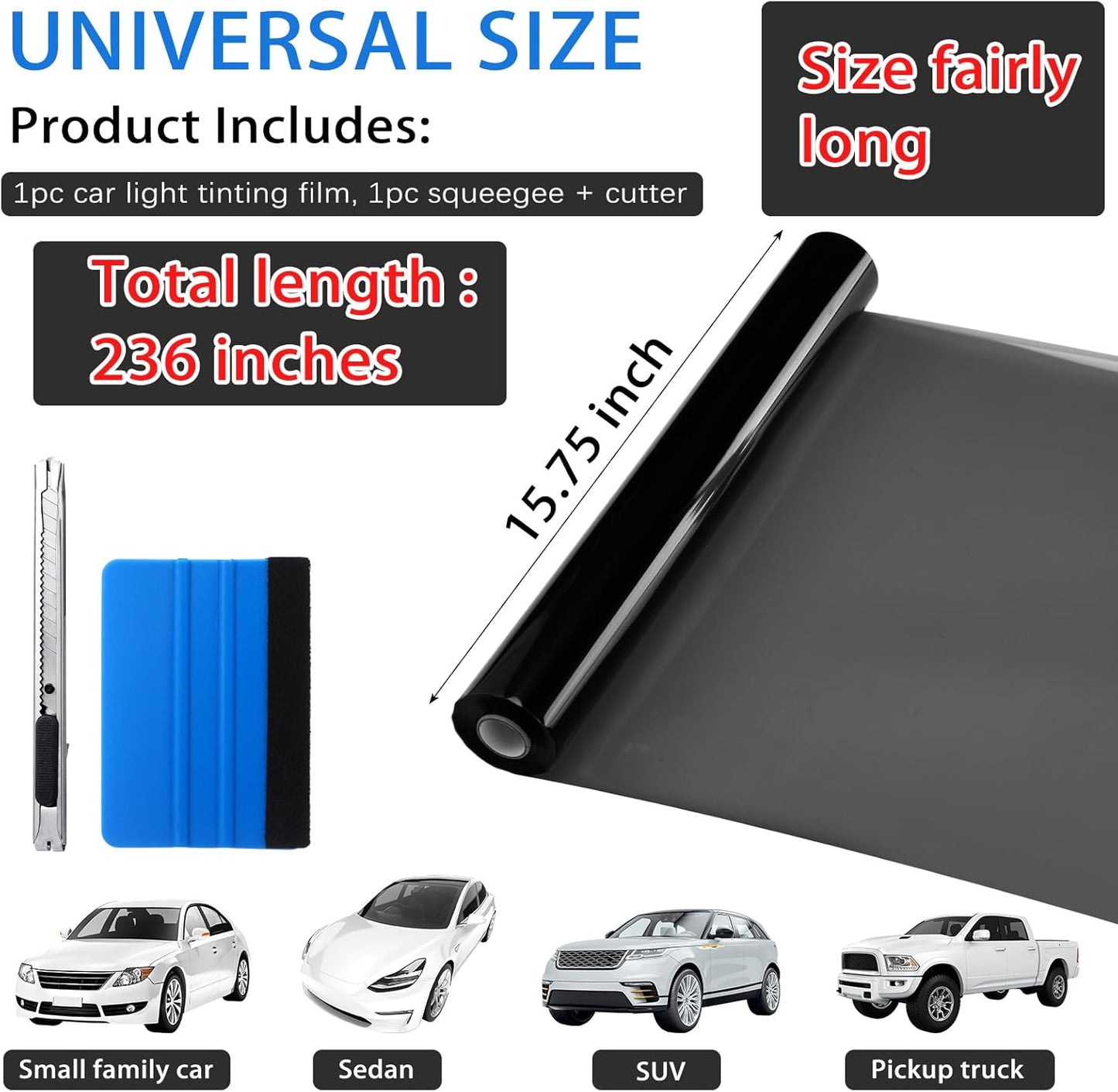 Pangda 16" x20ft Long Headlight Taillight Vinyl Tint Wrap Roll 40% VLT Self Adhesive Tail Light Tint Fog Lights Films with Scraper Vinyl Film Sticker Roll Car Accessories(Light Black)