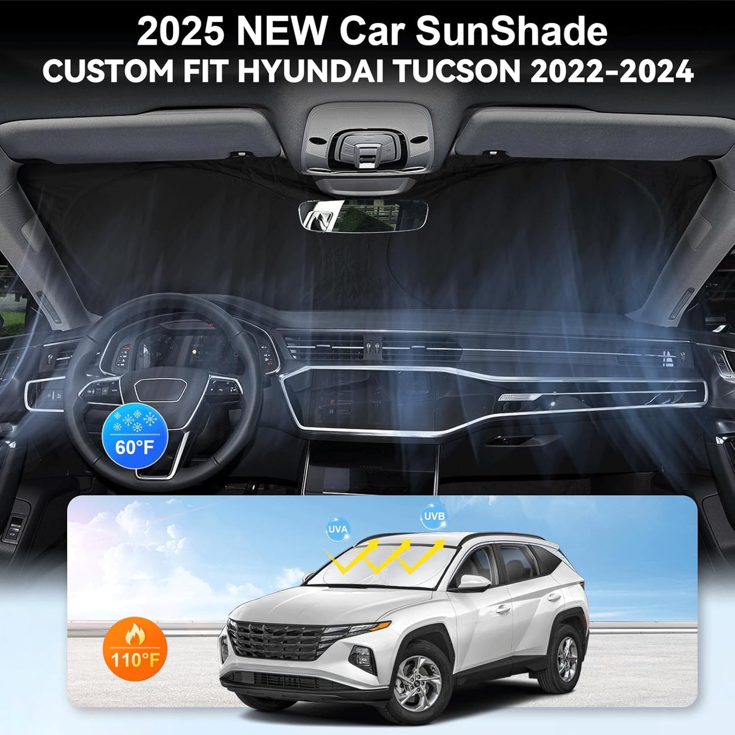 Custom Fit Tucson Windshield Sunshade for Hyundai Tucson 2022-2026 Front Window Retractable Shades Cover for Windshield Sun Visor Protector 210T Reflector Blocks UV Rays Cooler Car Accessories