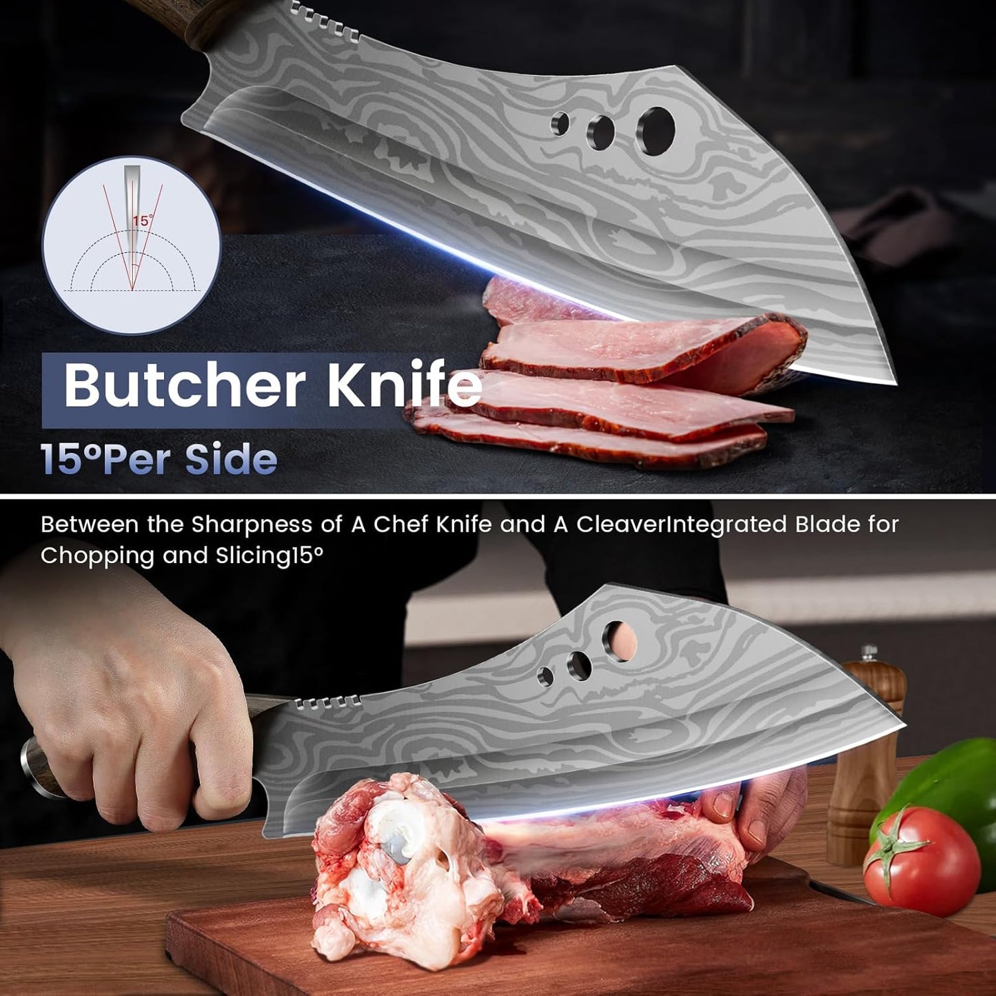 Butcher Knife Set, 3 PCS Kitchen Knife for Meat Cutting, Cleaver, Breaking & Boning Knife, Japanese Style High Carbon Steel Kitchen Knife for Chopping, Slicing, Deboning, House Warming Gifts