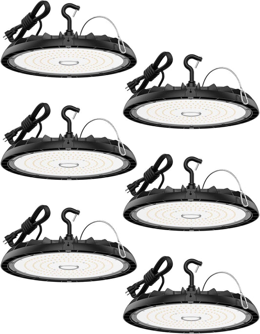 200W UFO LED High Bay Light 6-Pack 150LM/W 30,000LM Output Led Shop Lights 100-277V IP65 Waterproof Commercial Warehouse Lighting Fixture 5000K Daylight for Garage, Workshop, Factory, Gym