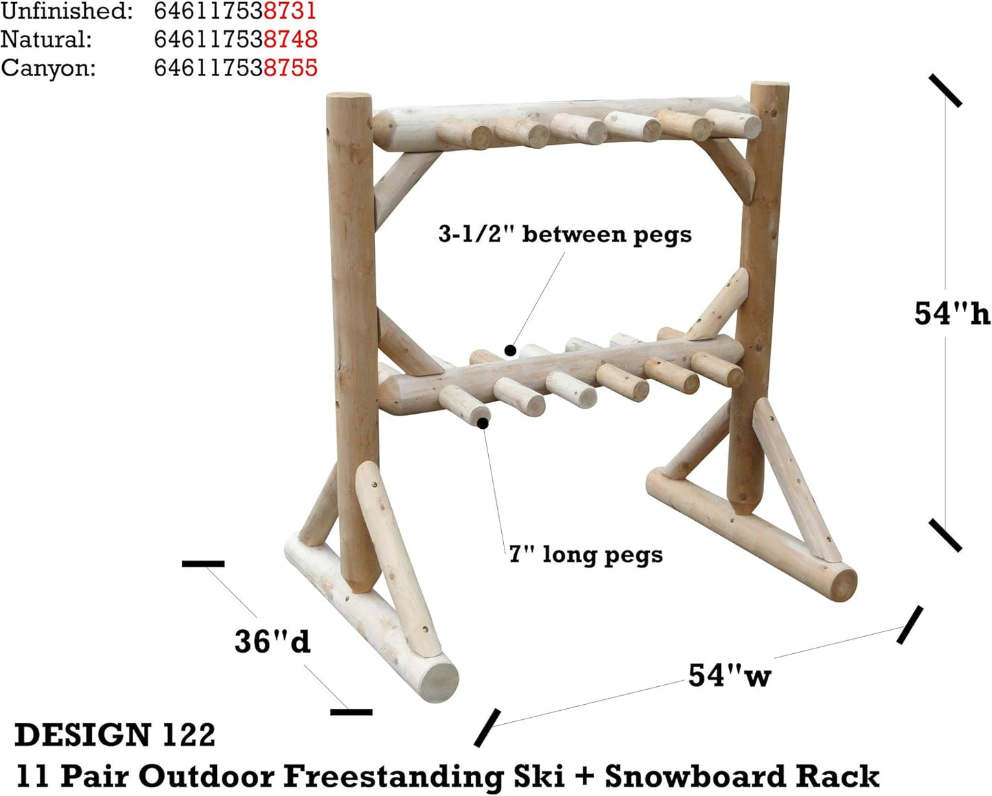 11-Place Freestanding Log Ski Rack Holder, Indoor & Outdoor Snowboard Racks, Standing Storage, Garage Racks for Snow Skis, Durable Snowboard Rack Garage Storage Organizer-Canyon Brown + 15" Anchor Kit