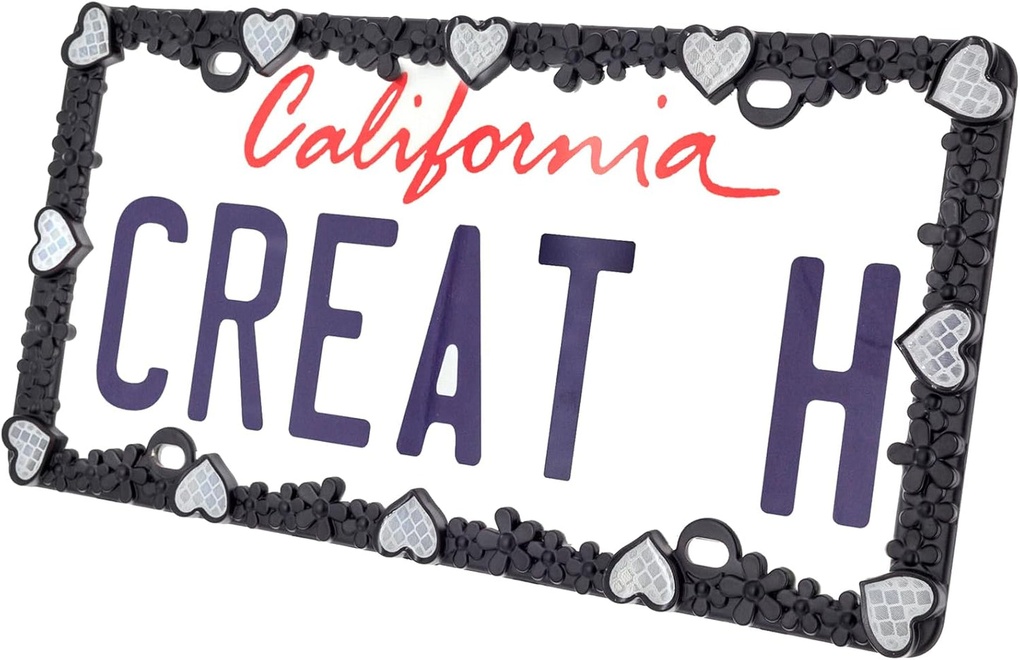 Creathome 3D Daisy Heart License Plate Frame from Pure Zinc Alloy Metal Perfect Plate Holder, Matt Black Daisy with Silver Reflective Heart