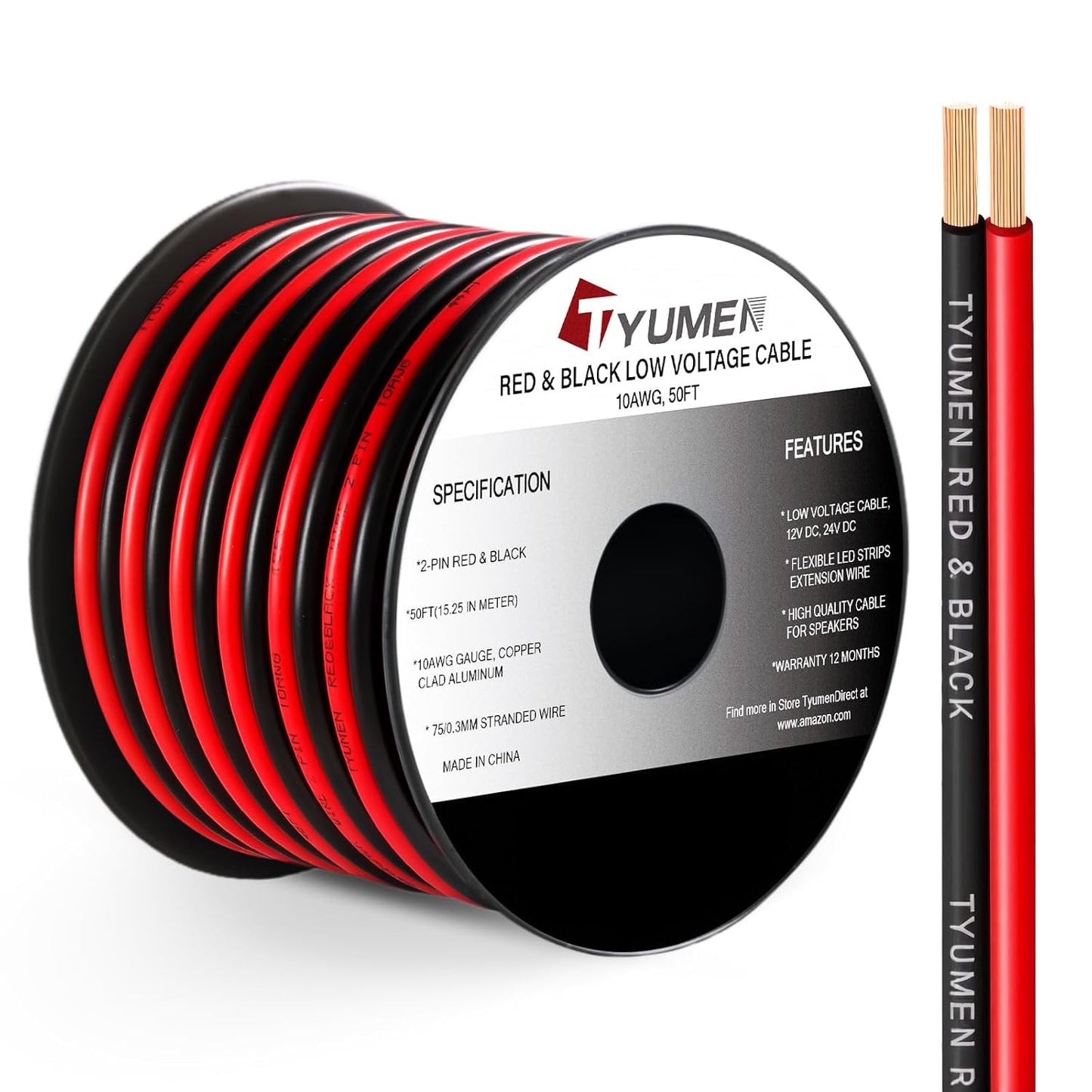 10 Gauge Wire 50FT, 10AWG Red Black Electrical Wire LED Strips Extension Cord 12V/24V DC Cable, 10 AWG 2 Conductors Flexible Low Voltage Wire for in-Home, Autos, Speaker use