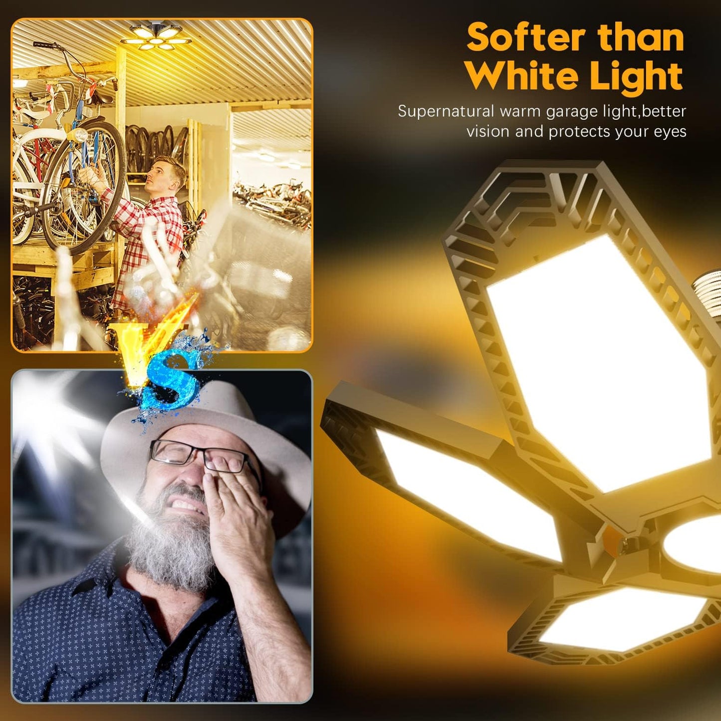 TANBABY 2 Pack Garage Light Warm 150W Led 3000k Garage Lighting 12000LM [Equivalent] Deformable Garage Light Ceiling with 6 Panels E26/E27 Base Illuminator 360 Basement Lights for Shop